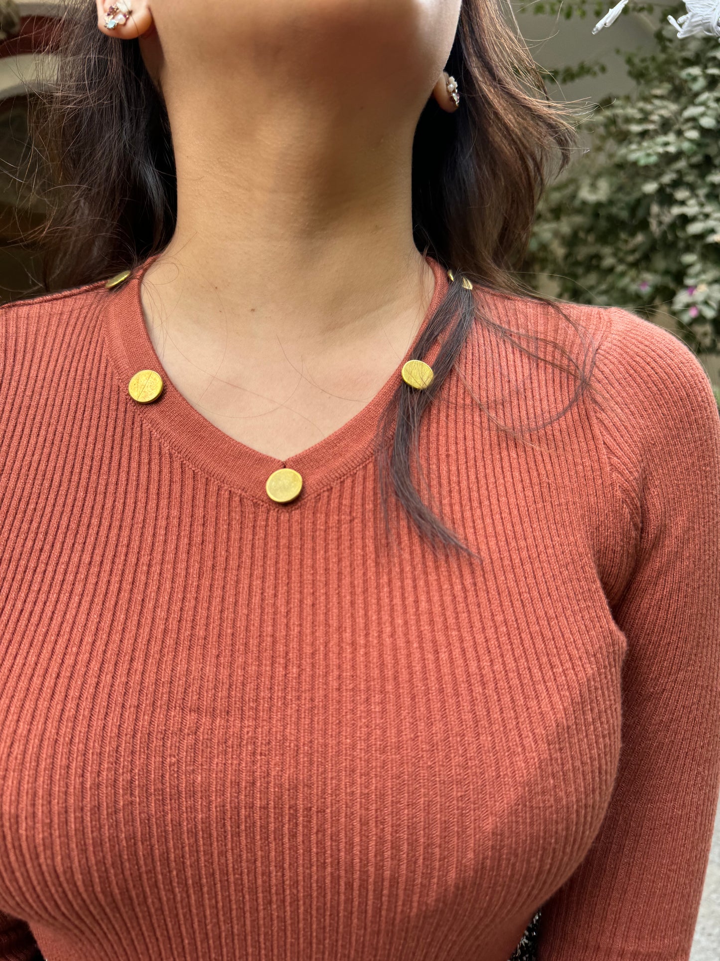 Brown Ribbed Sweater w/ Neck Detail (Free Size)