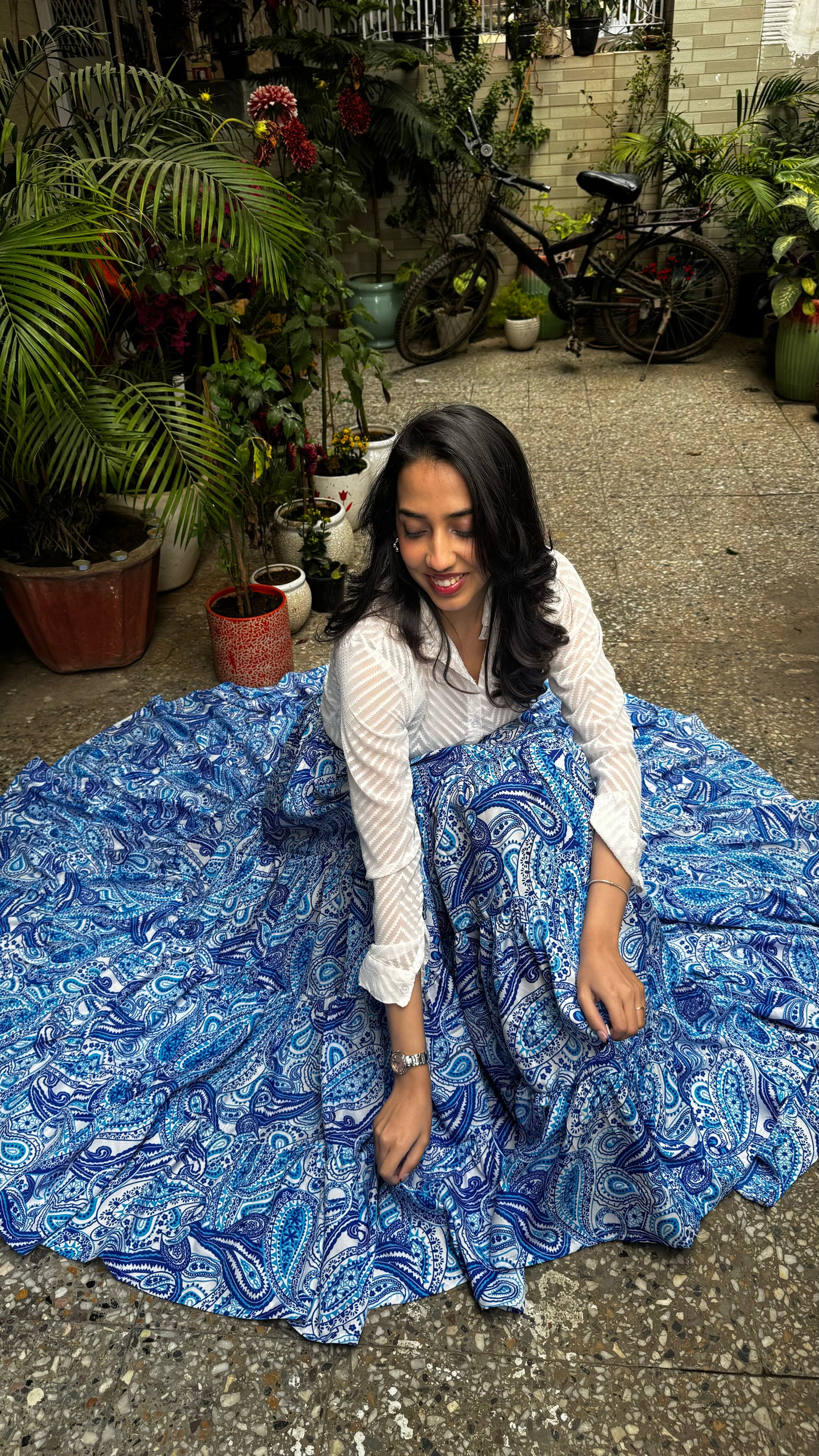 Paisley Heavy Tiered Skirt -Blue