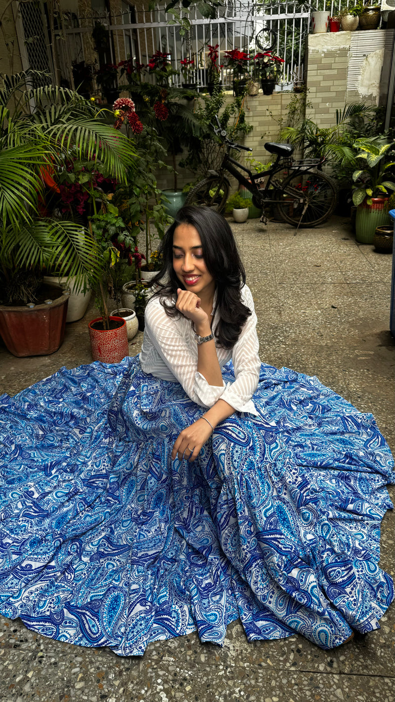 Paisley Heavy Tiered Skirt -Blue