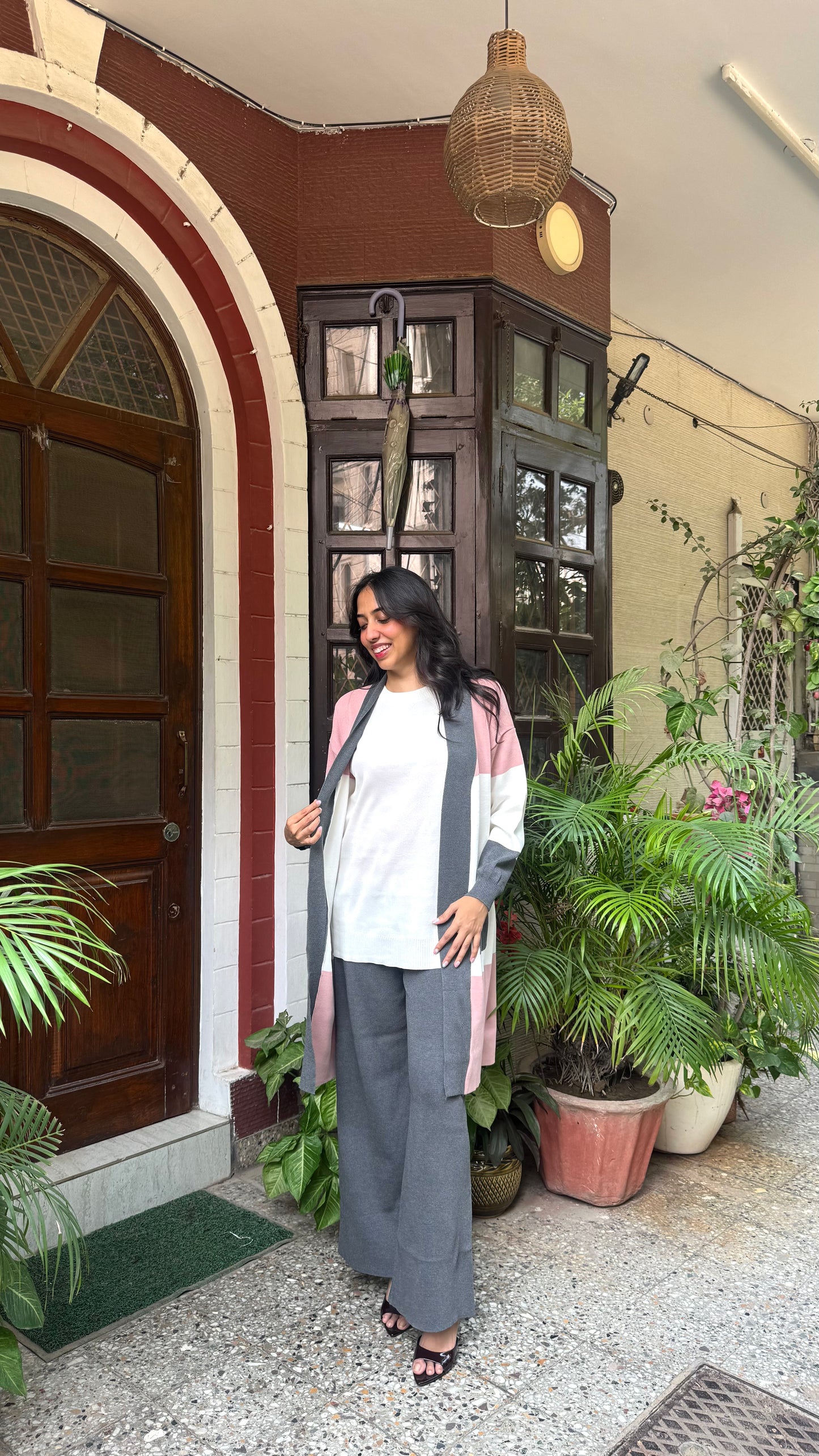 3 Piece Shrug Sweater Set - Grey/Pink (Free Size) - Premium Collection