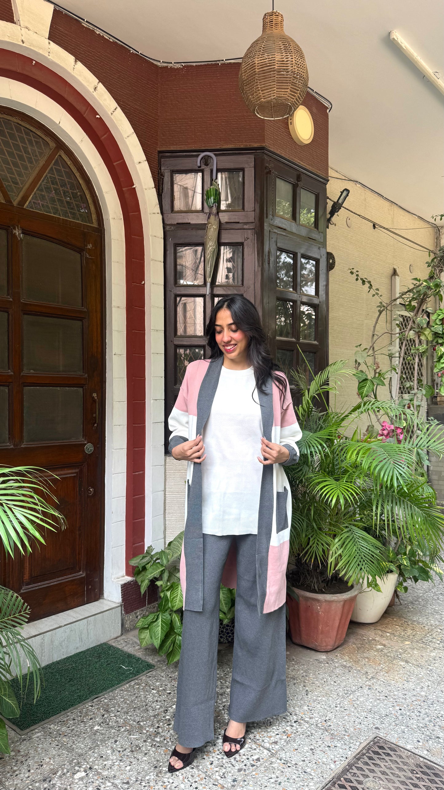 3 Piece Shrug Sweater Set - Grey/Pink (Free Size) - Premium Collection