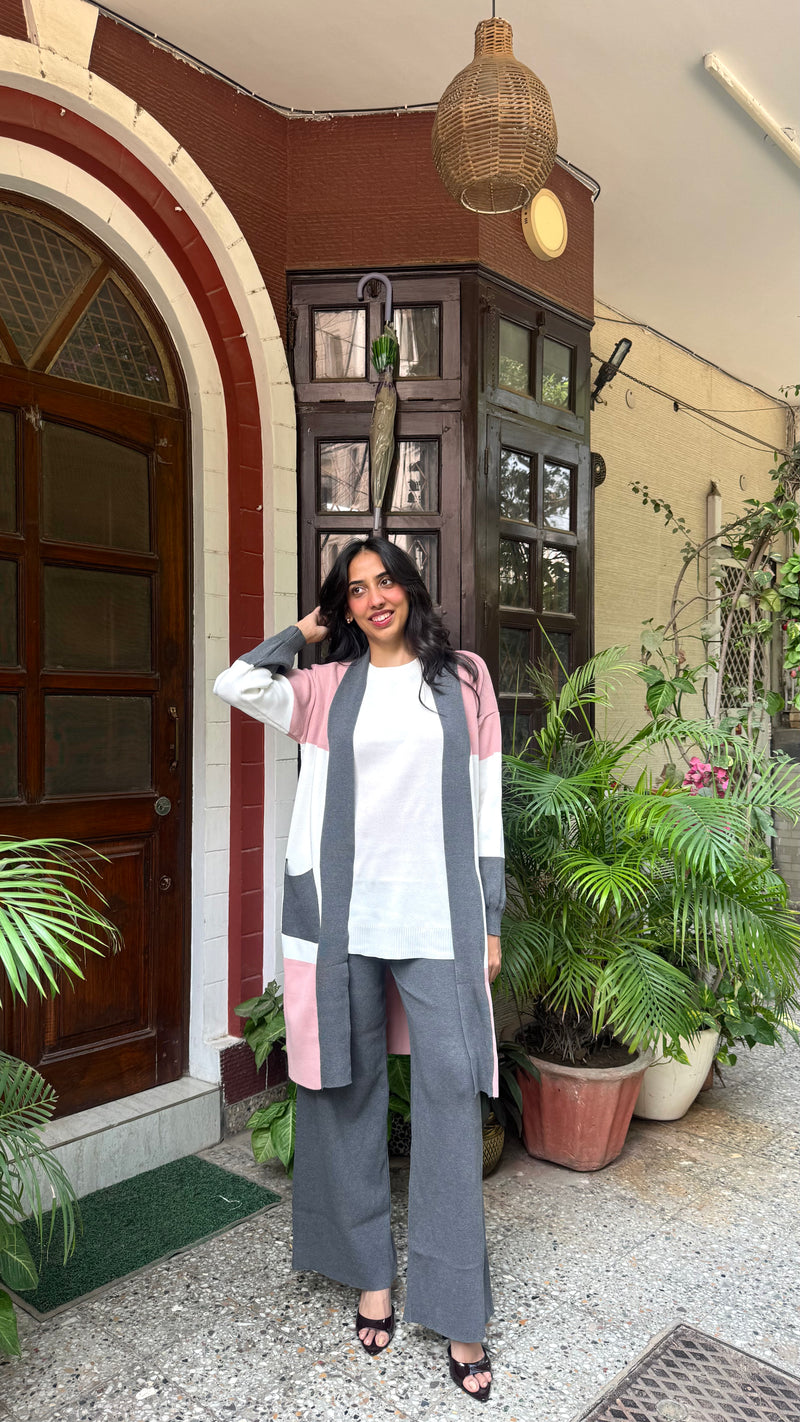 3 Piece Shrug Sweater Set - Grey/Pink (Free Size) - Premium Collection