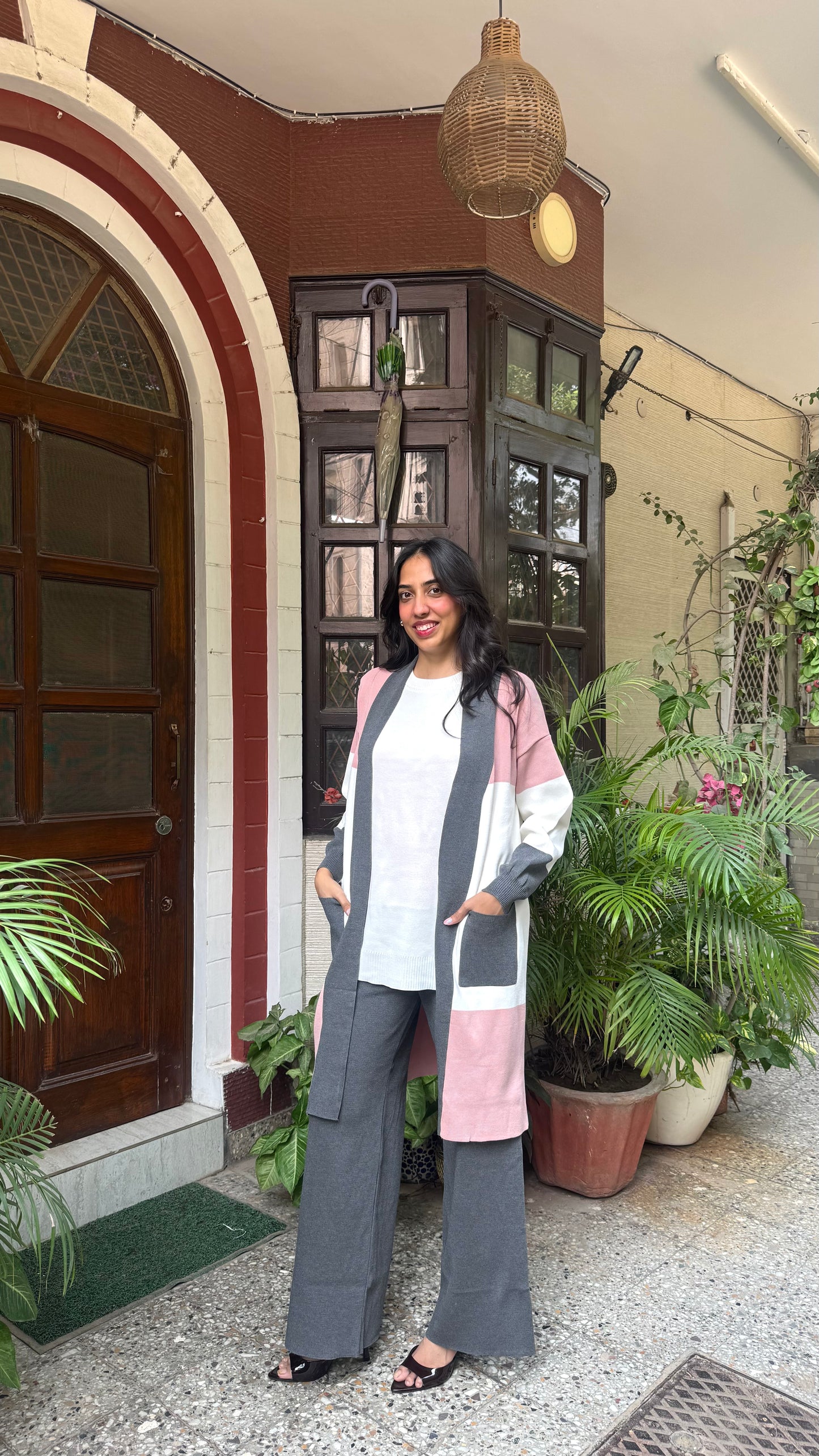 3 Piece Shrug Sweater Set - Grey/Pink (Free Size) - Premium Collection
