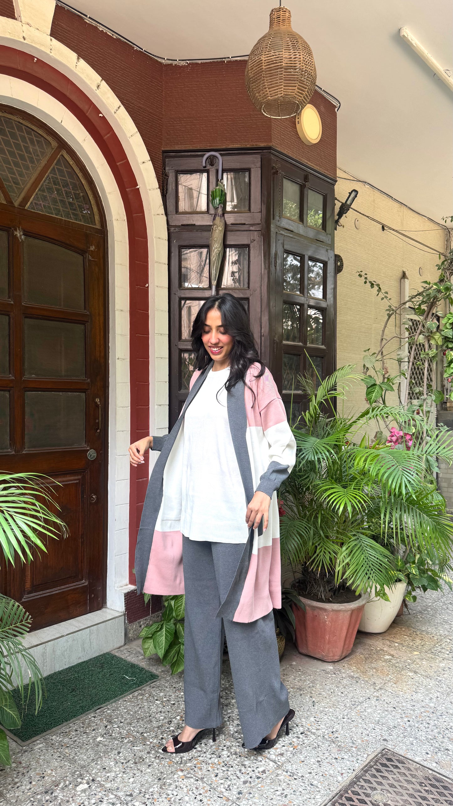 3 Piece Shrug Sweater Set - Grey/Pink (Free Size) - Premium Collection