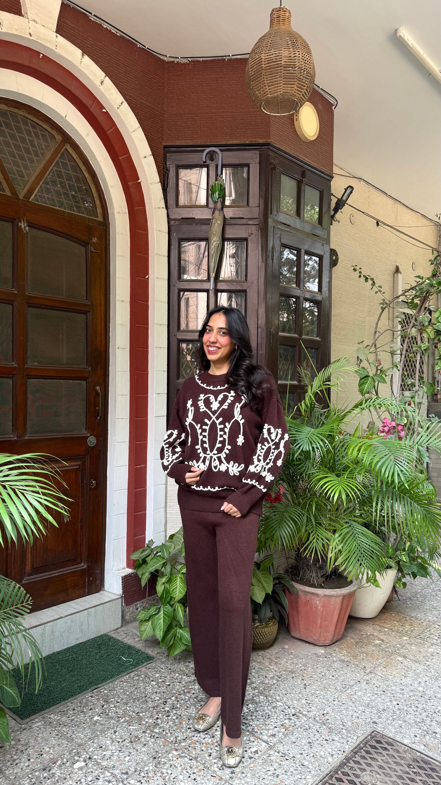 Embroidered Floral Warm Airport Set - Brown (Free Size) - Premium Collection