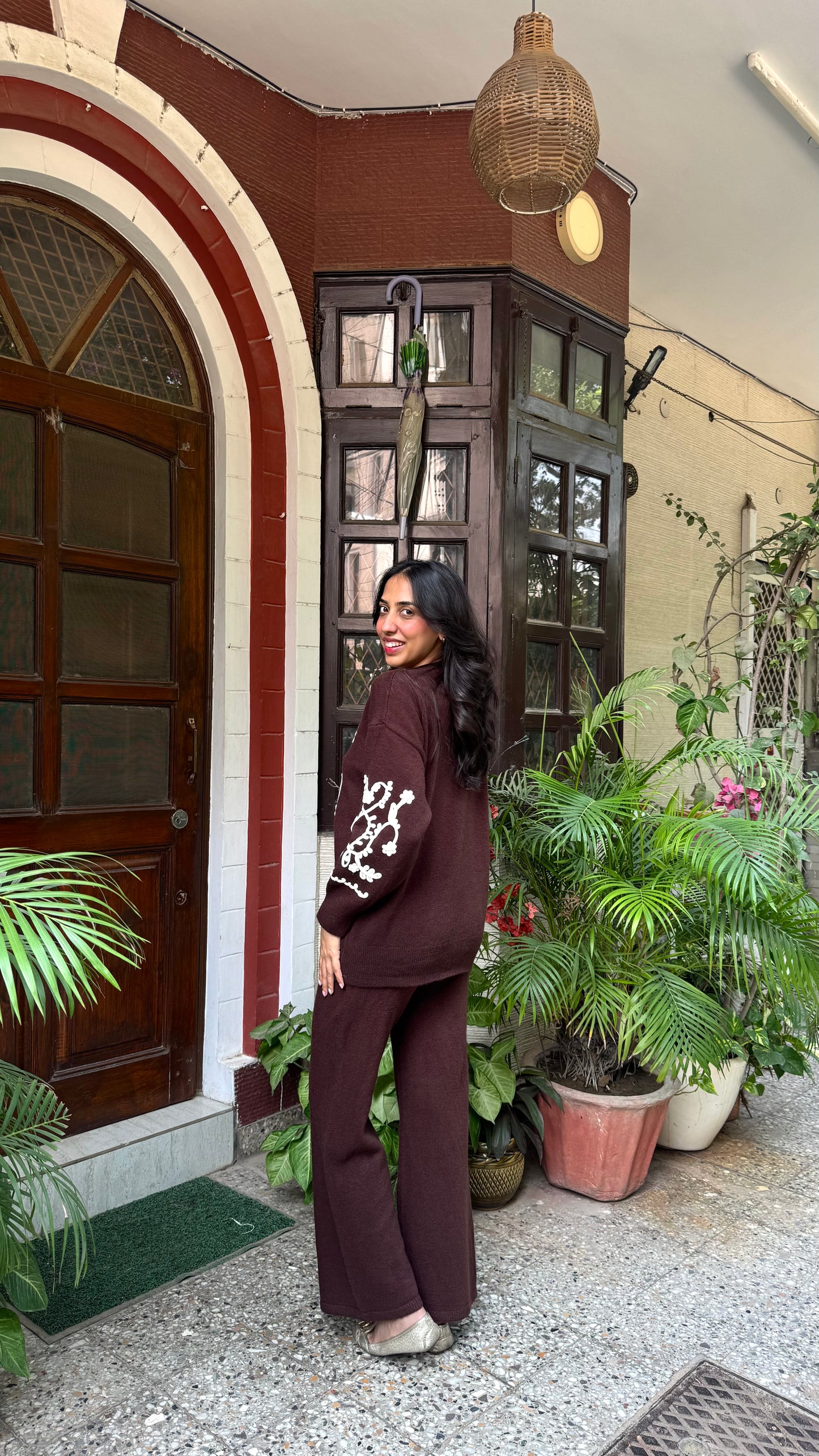 Embroidered Floral Warm Airport Set - Brown (Free Size) - Premium Collection