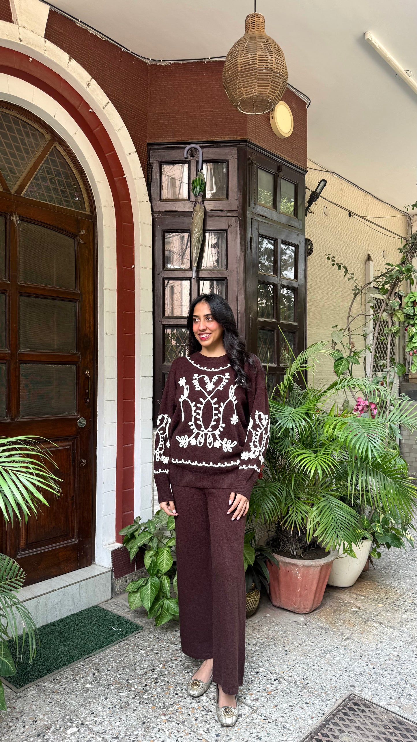 Embroidered Floral Warm Airport Set - Brown (Free Size) - Premium Collection