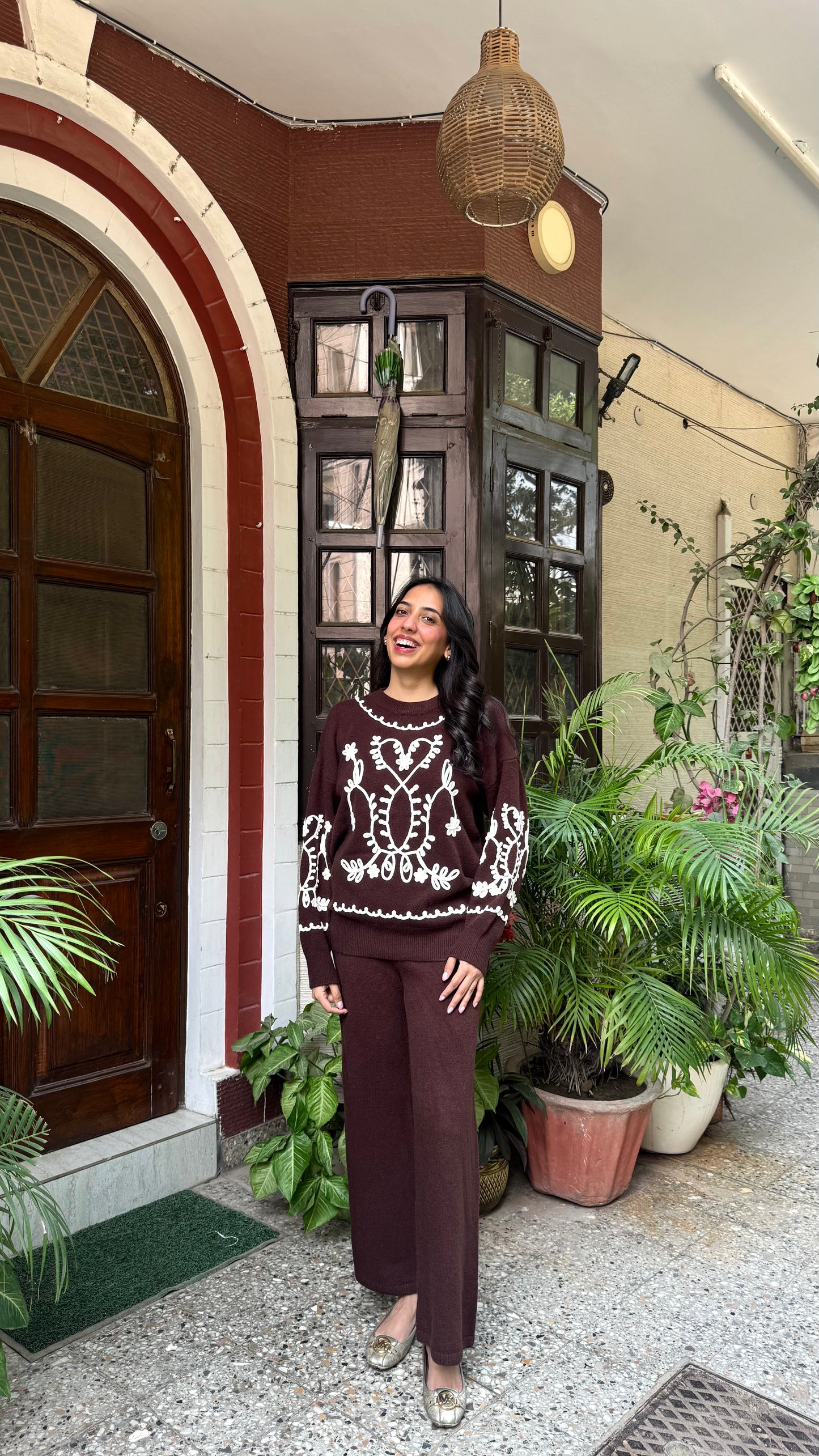 Embroidered Floral Warm Airport Set - Brown (Free Size) - Premium Collection