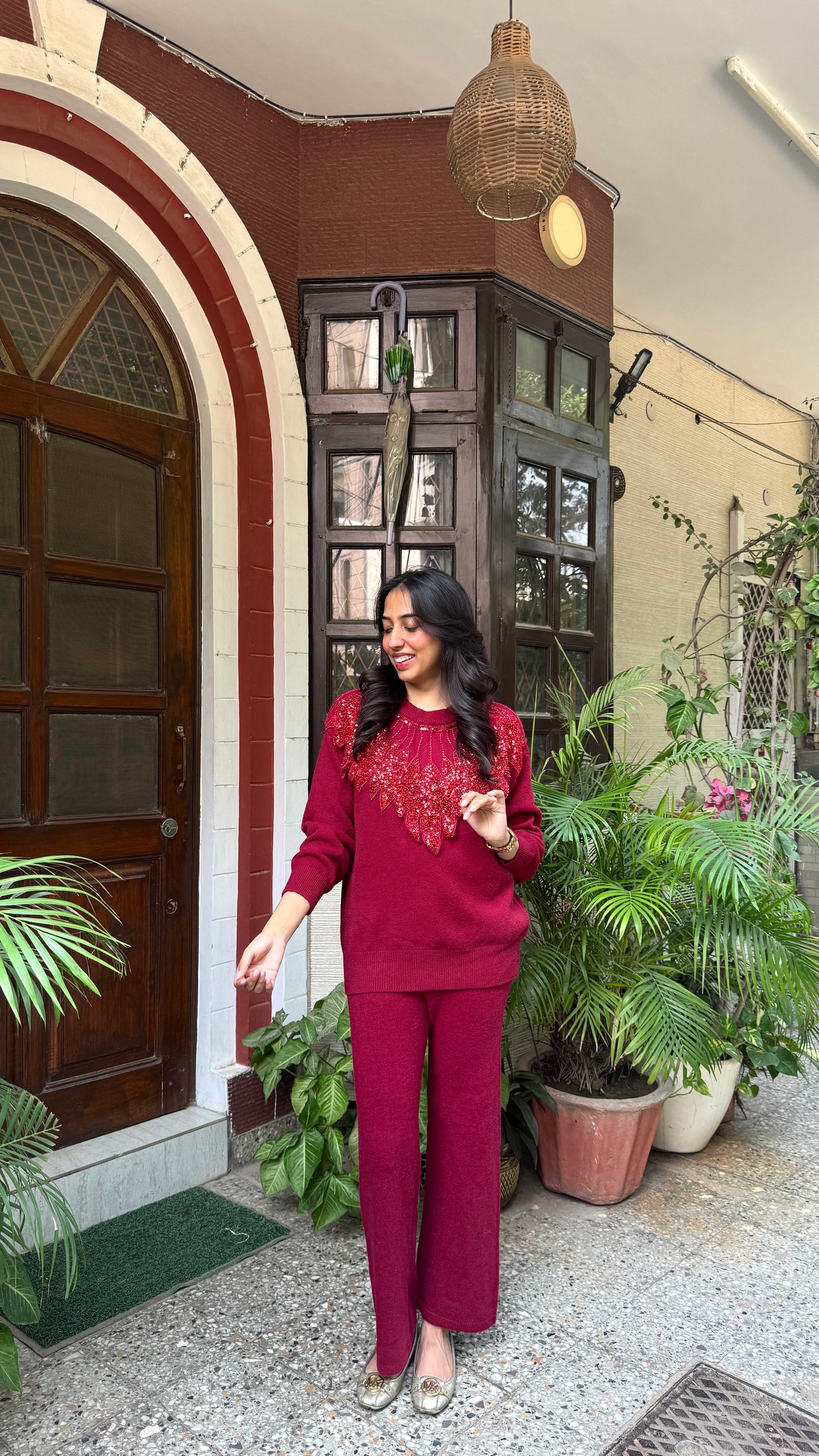 Sequinned Warm Airport Set - Red (Free Size) - Premium Collection