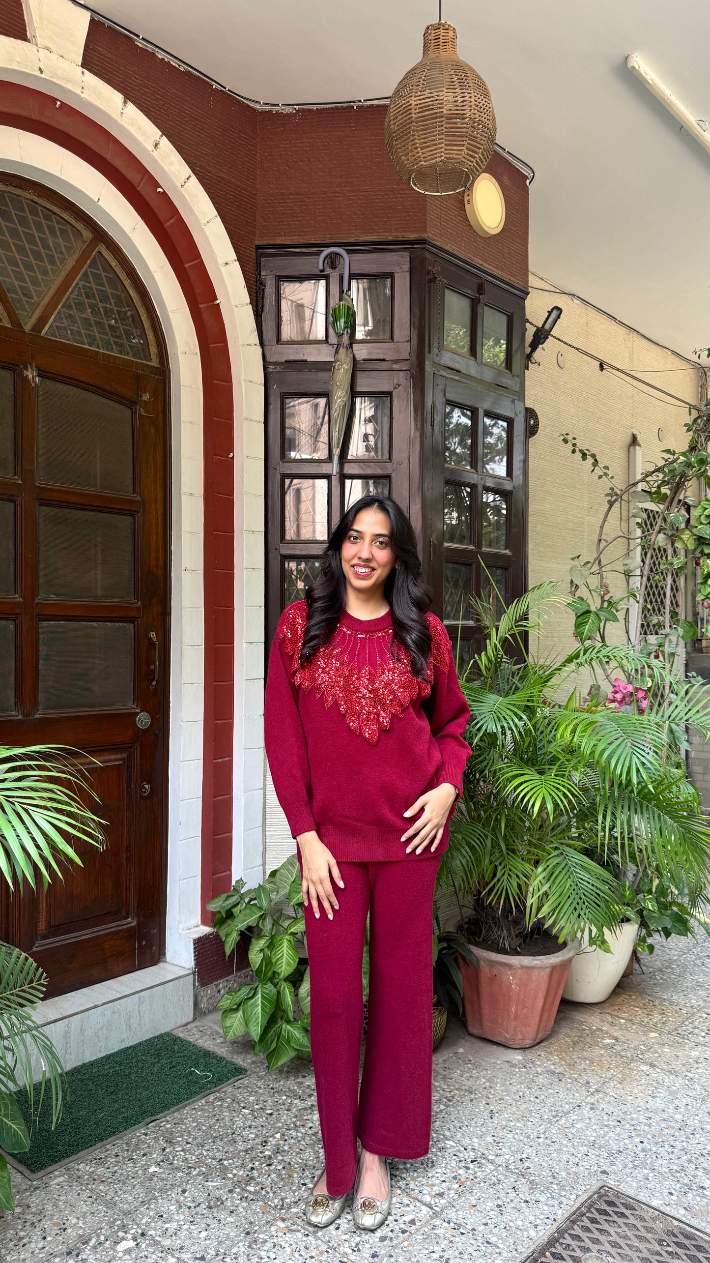 Sequinned Warm Airport Set - Red (Free Size) - Premium Collection