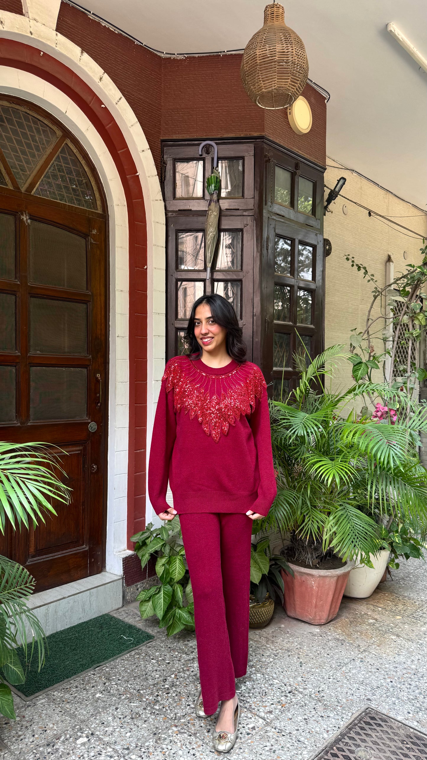 Sequinned Warm Airport Set - Red (Free Size) - Premium Collection