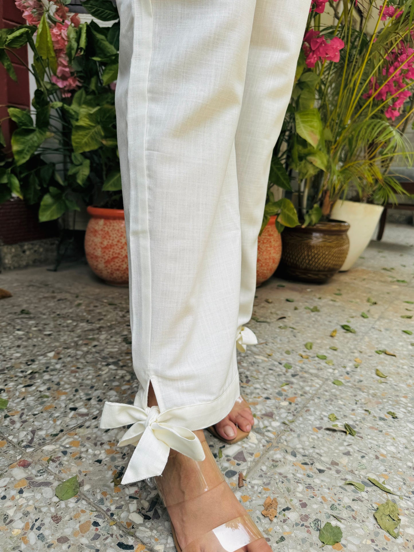 Bow Tie Cotton Pants - White