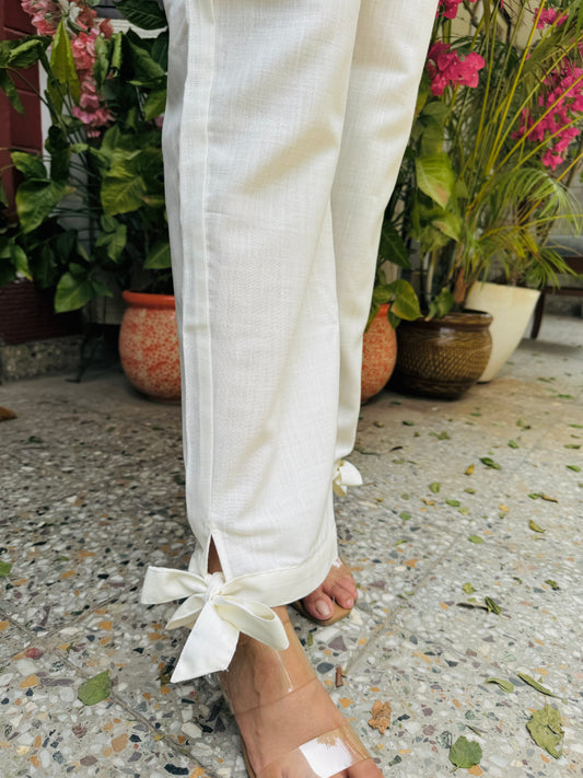 Bow Tie Cotton Pants - White