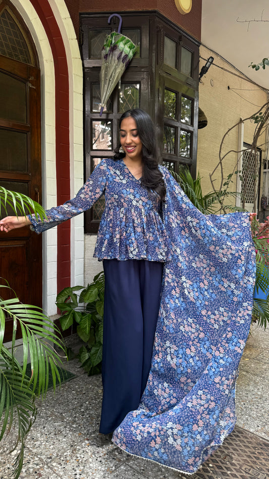 Bagh Peplum Dupatta Set (Super Premium Collection) - Blue