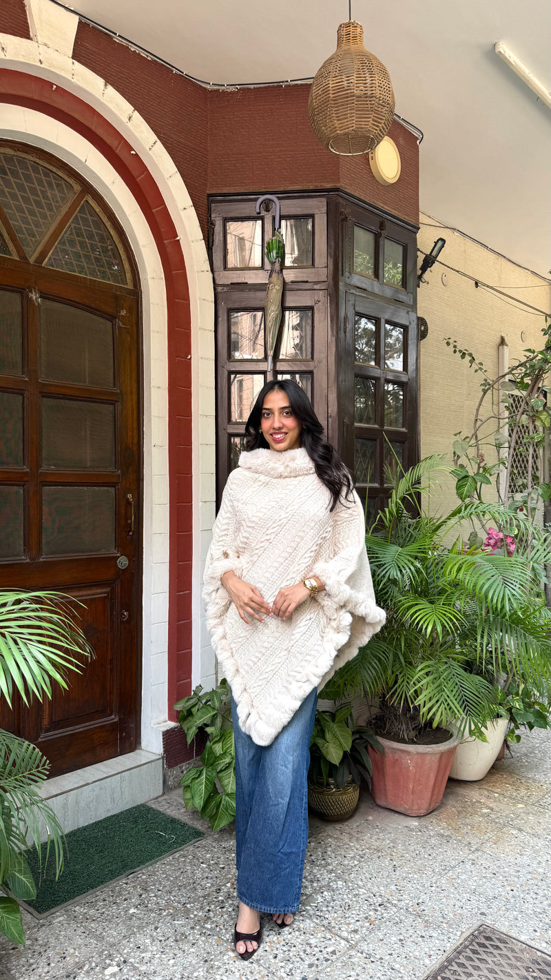 Luxury Blizzard Woollen Fur Poncho (Free Size) - Cream