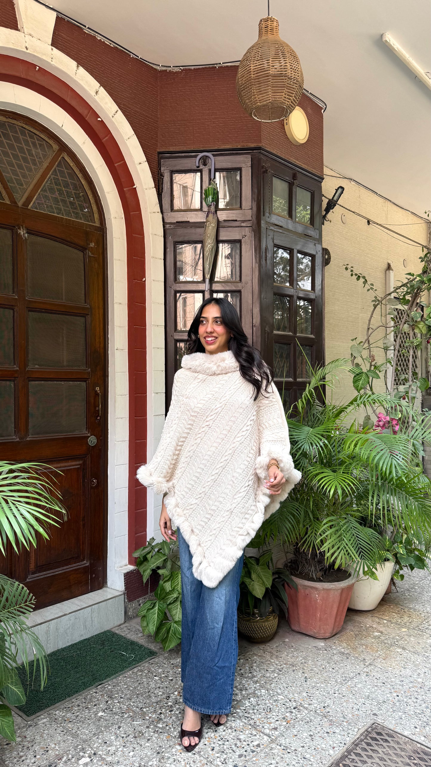Luxury Blizzard Woollen Fur Poncho (Free Size) - Cream