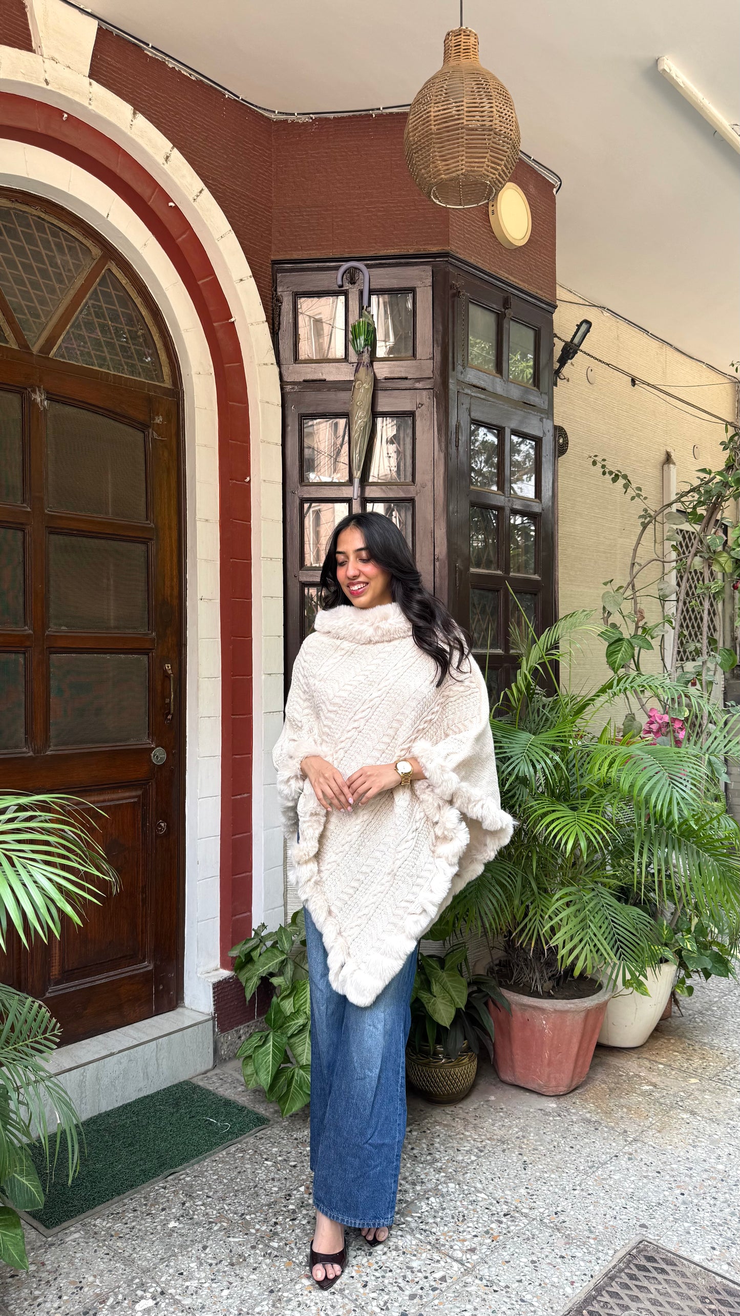 Luxury Blizzard Woollen Fur Poncho (Free Size) - Cream