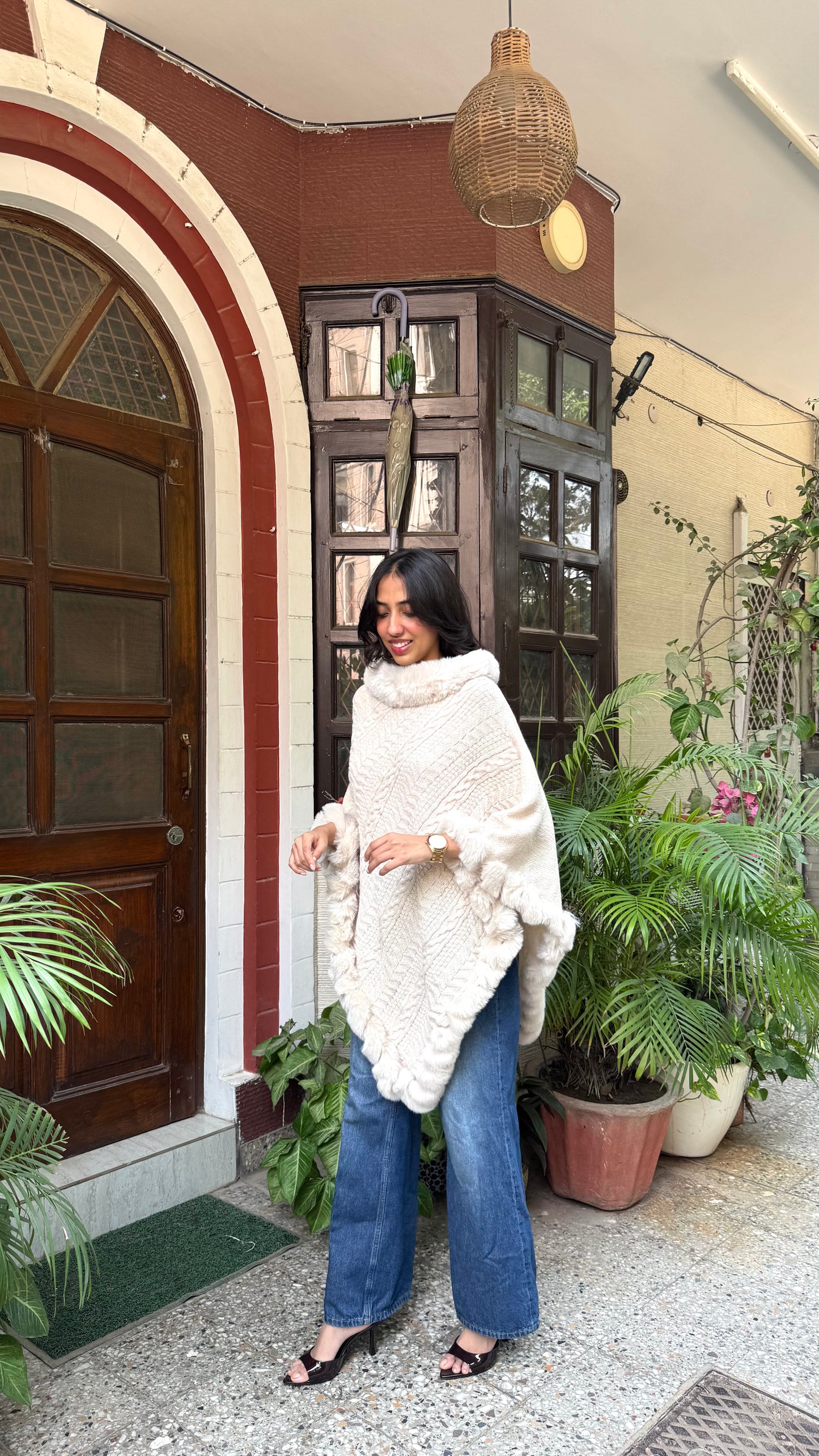 Luxury Blizzard Woollen Fur Poncho (Free Size) - Cream