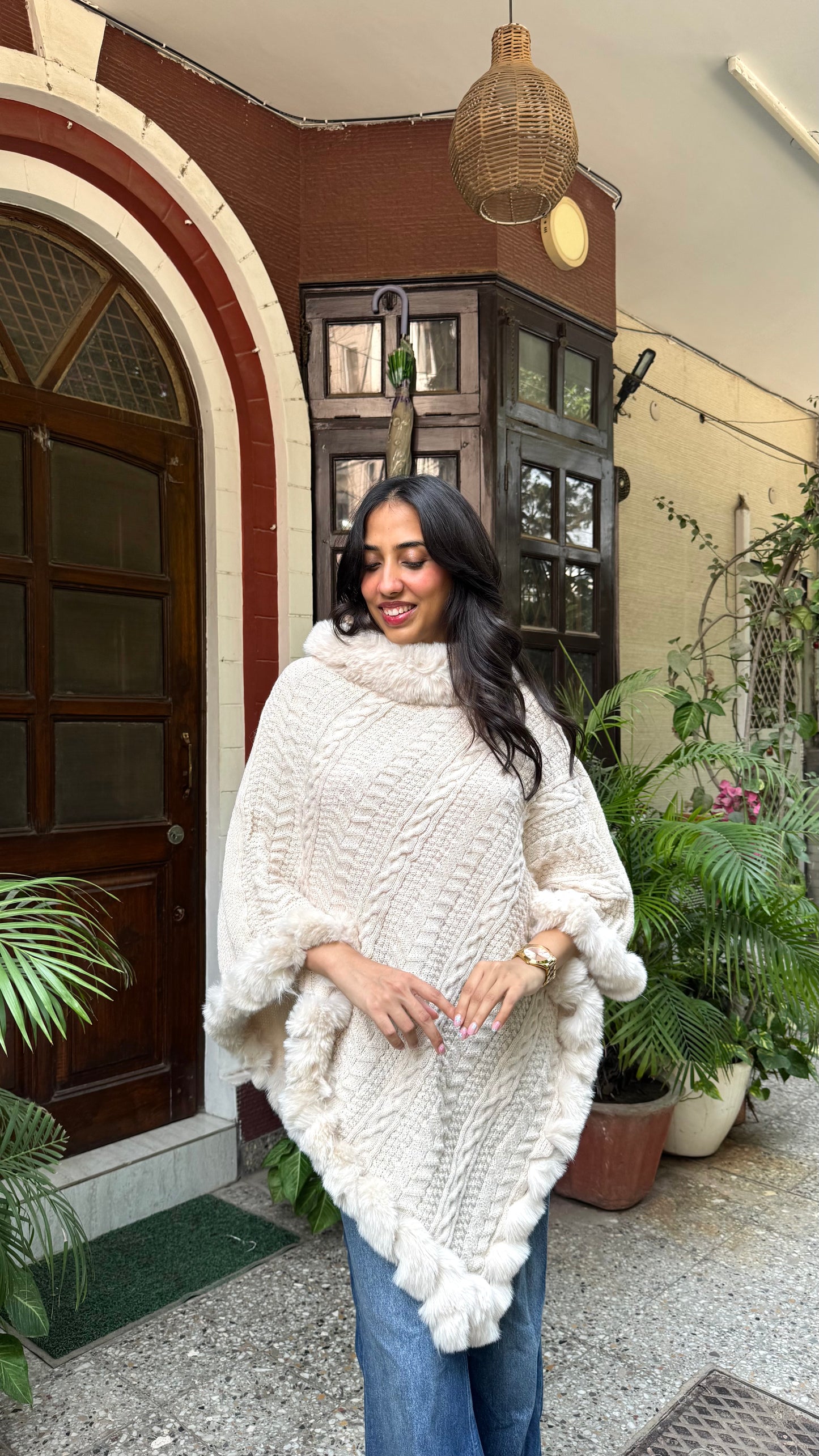 Luxury Blizzard Woollen Fur Poncho (Free Size) - Cream