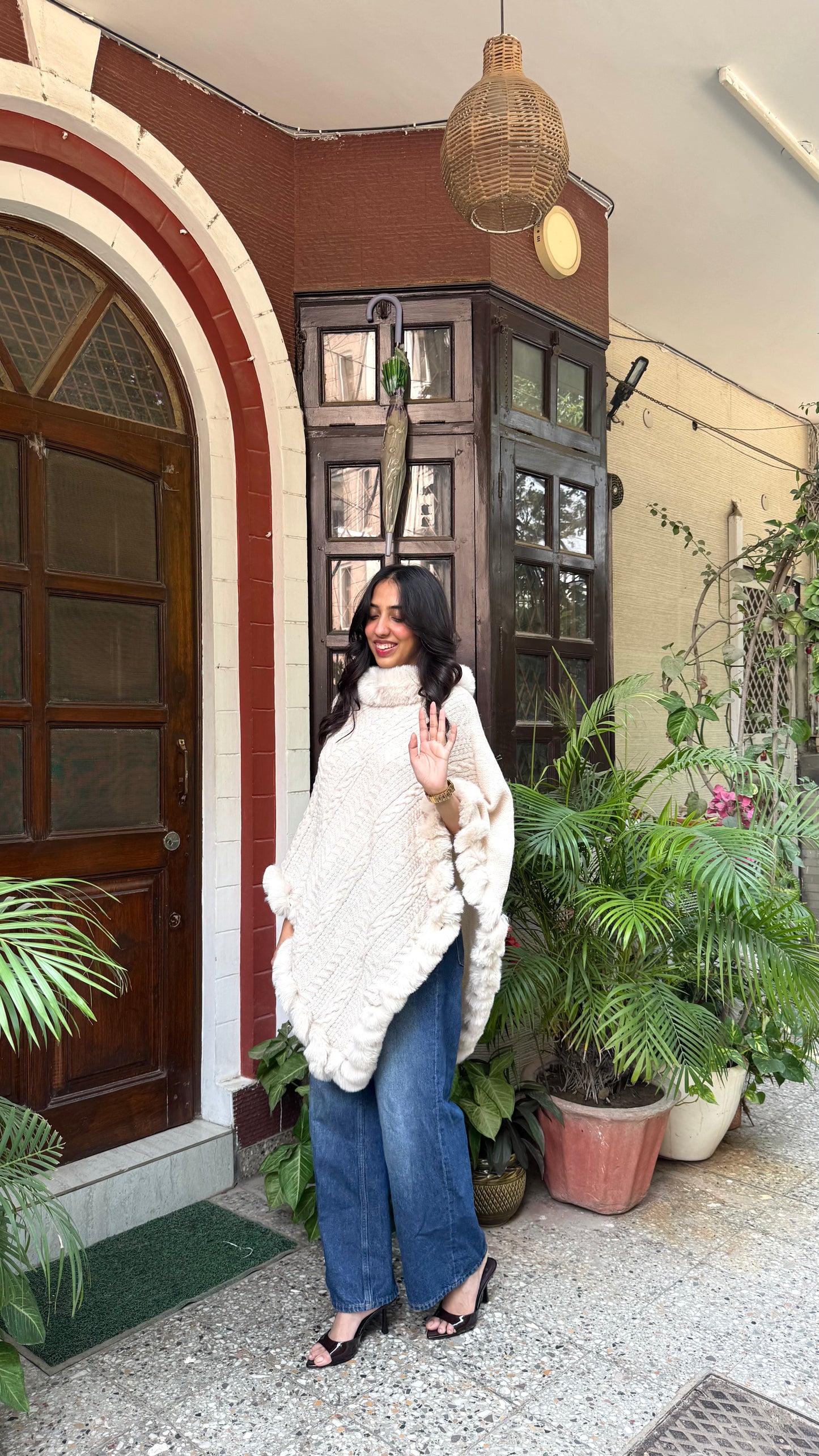 Luxury Blizzard Woollen Fur Poncho (Free Size) - Cream