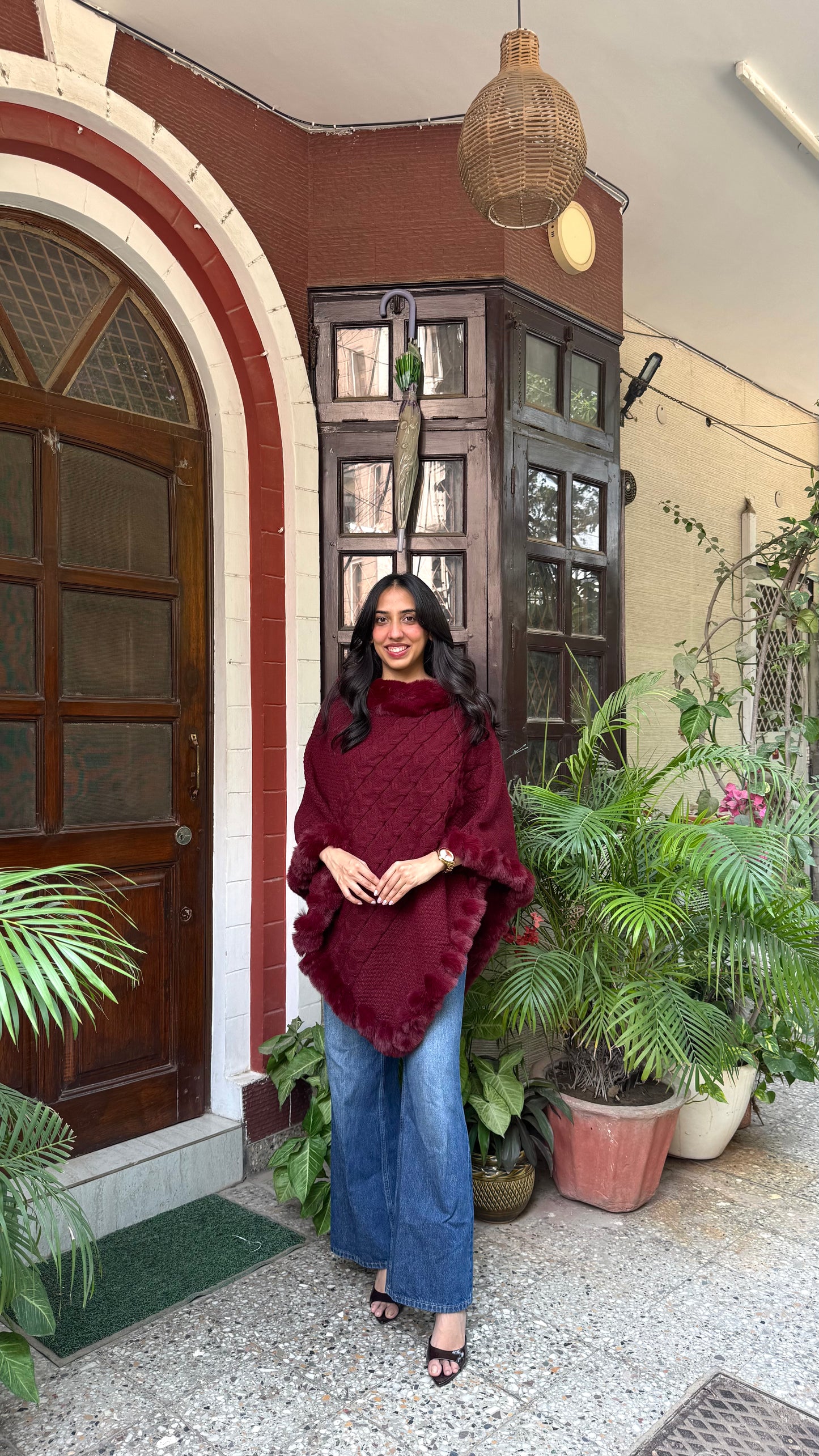 Luxury Blizzard Woollen Fur Poncho (Free Size) - Maroon