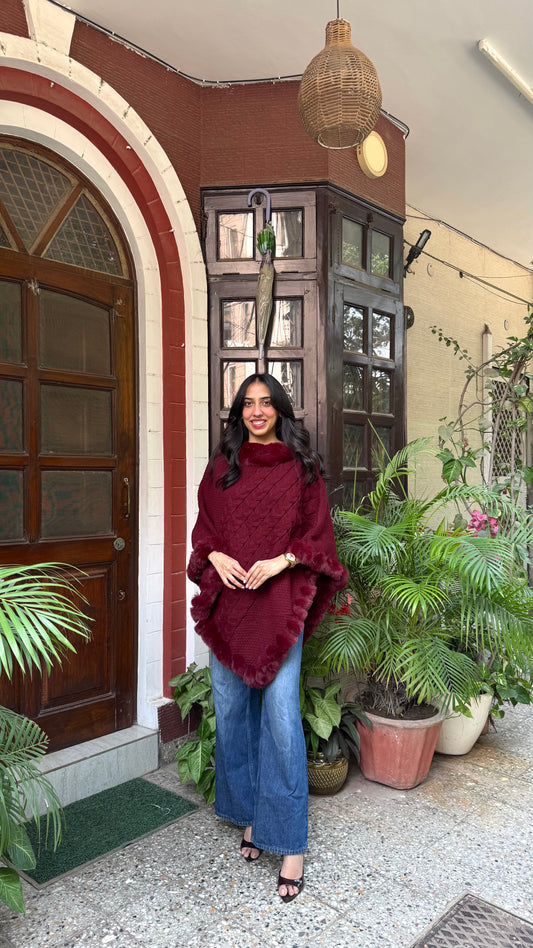 Luxury Blizzard Woollen Fur Poncho (Free Size) - Maroon