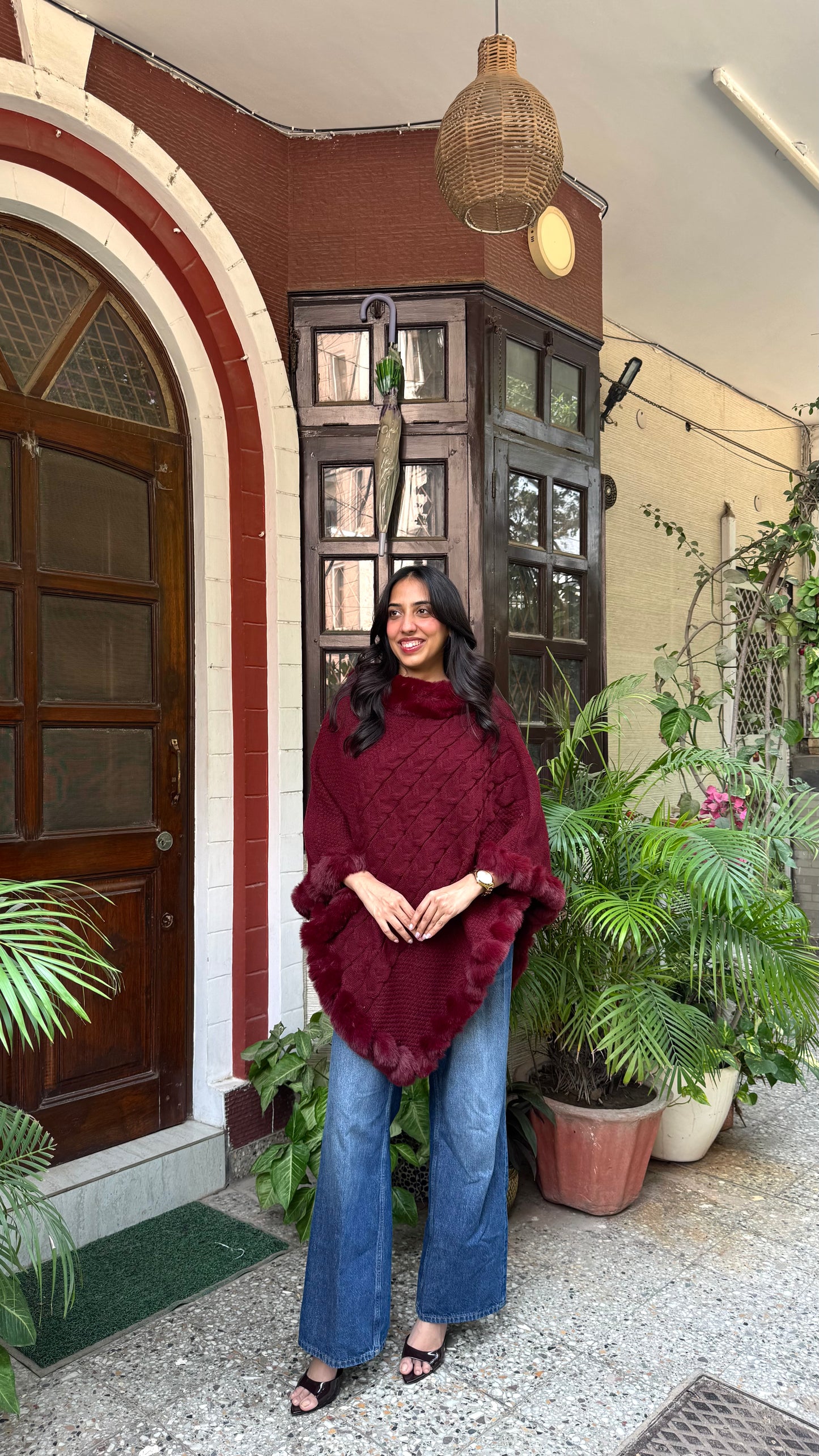 Luxury Blizzard Woollen Fur Poncho (Free Size) - Maroon