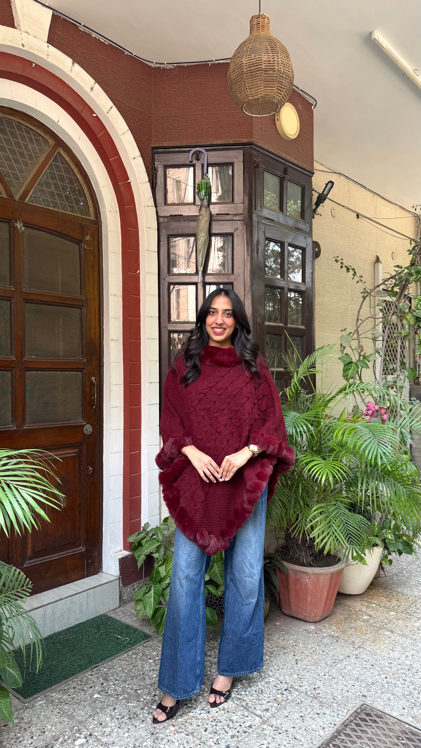 Luxury Blizzard Woollen Fur Poncho (Free Size) - Maroon