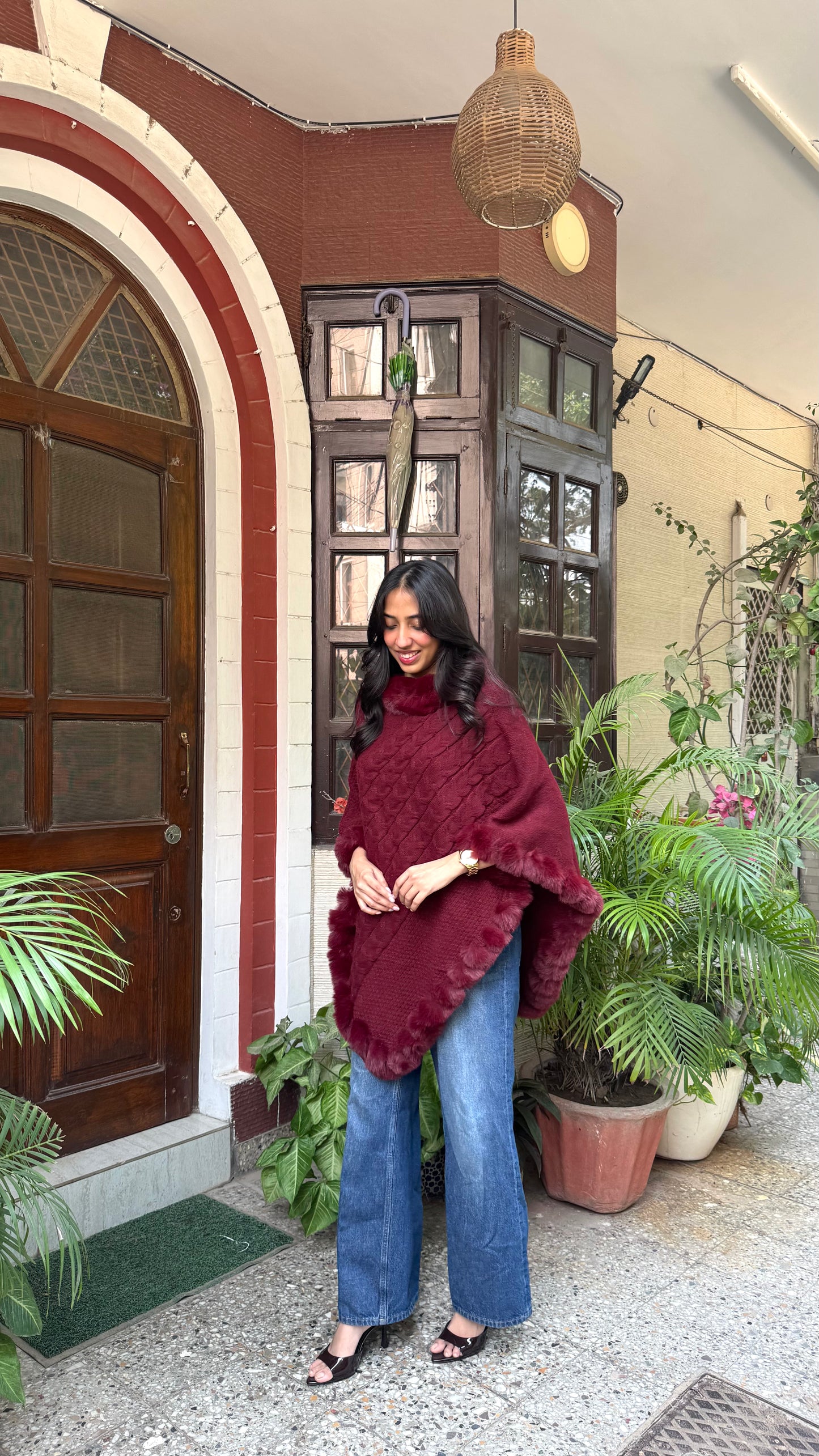 Luxury Blizzard Woollen Fur Poncho (Free Size) - Maroon