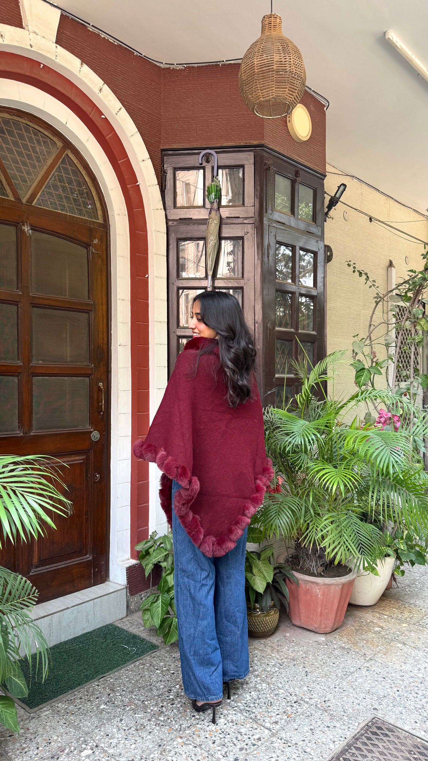 Luxury Blizzard Woollen Fur Poncho (Free Size) - Maroon