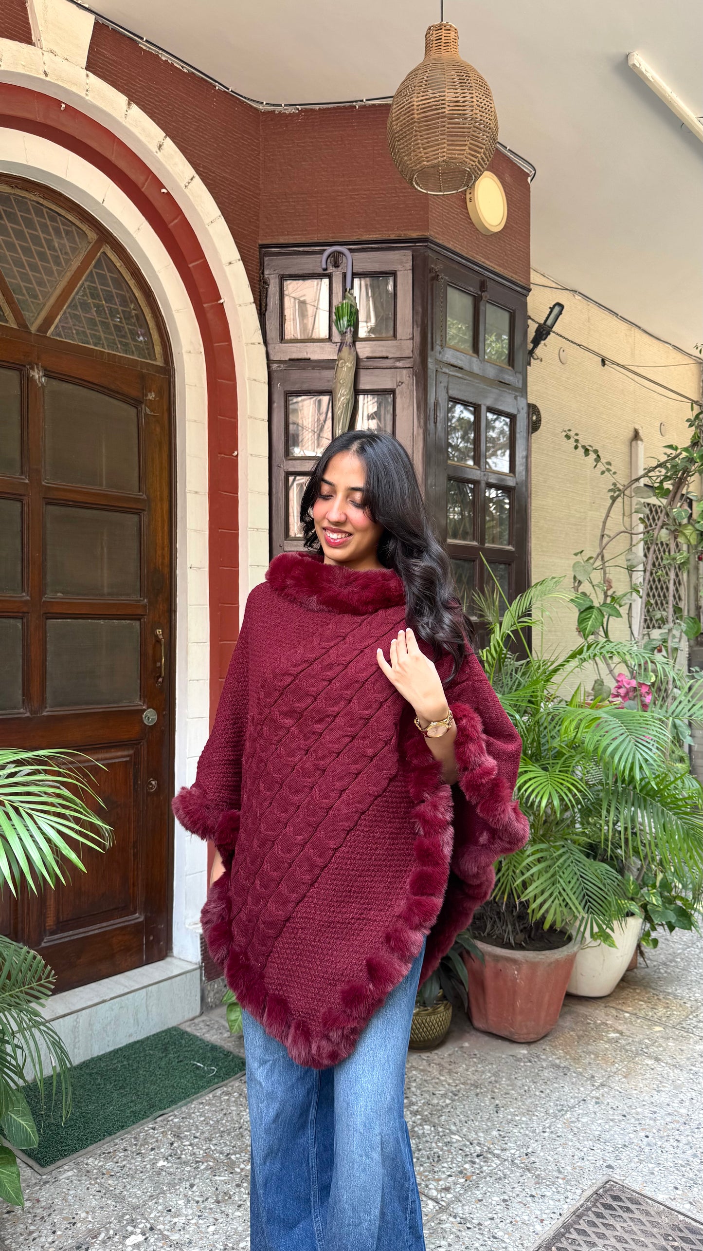 Luxury Blizzard Woollen Fur Poncho (Free Size) - Maroon