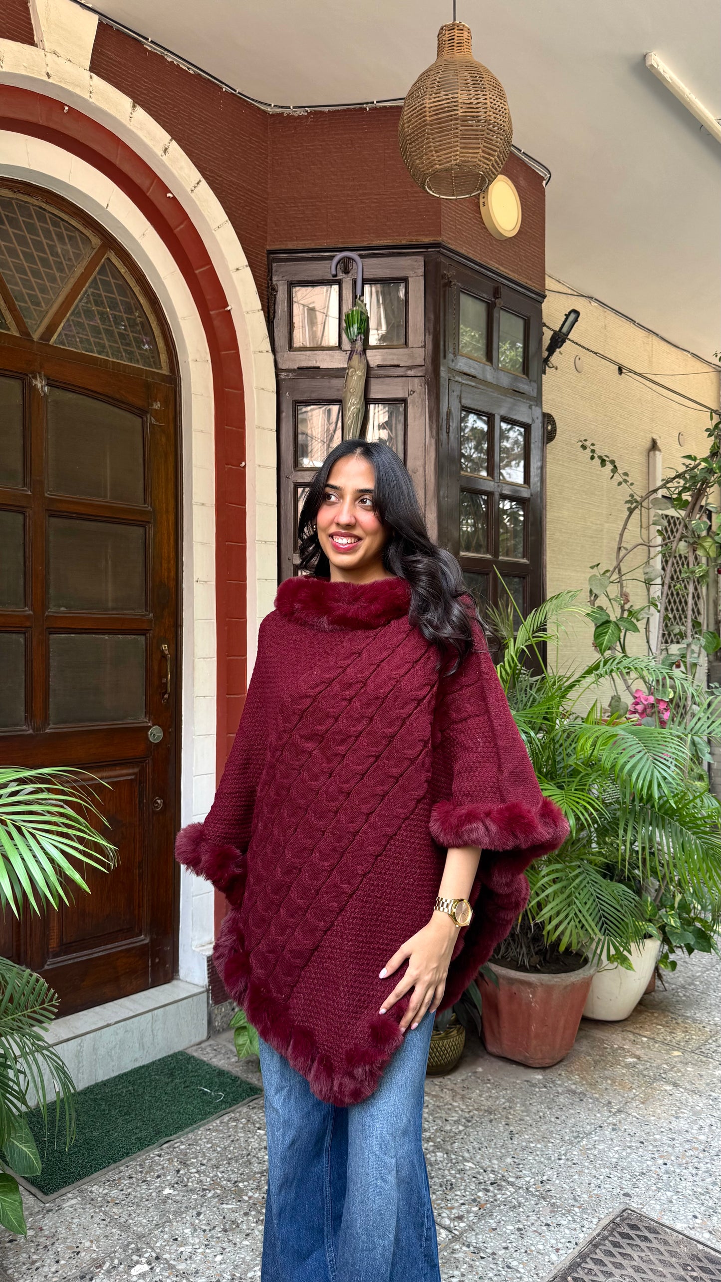 Luxury Blizzard Woollen Fur Poncho (Free Size) - Maroon