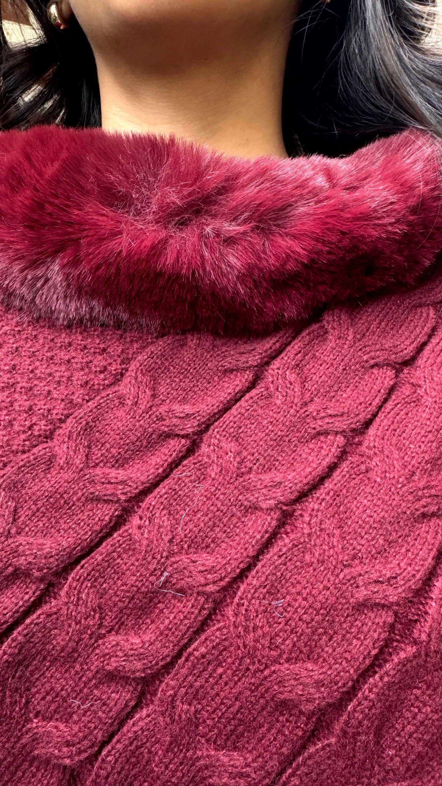 Luxury Blizzard Woollen Fur Poncho (Free Size) - Maroon