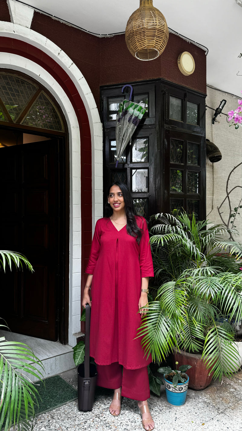 PRE-ORDER A-Line Cotton/Linen Set - Maroon (Premium Collection) - DISPATCH BY 10TH OCTOBER