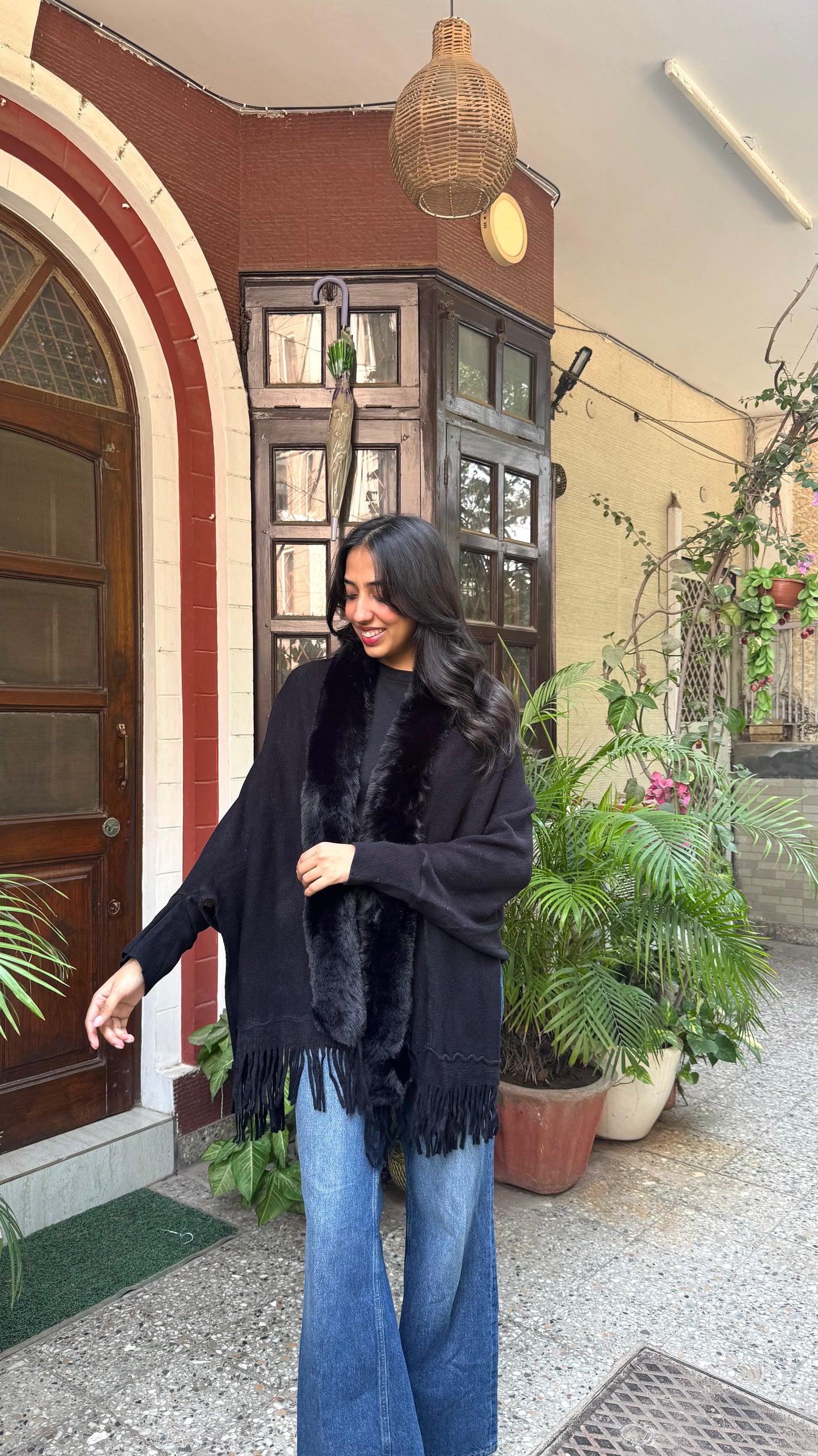 Faux Sleeve Fur Shrug - Black (Free Size)