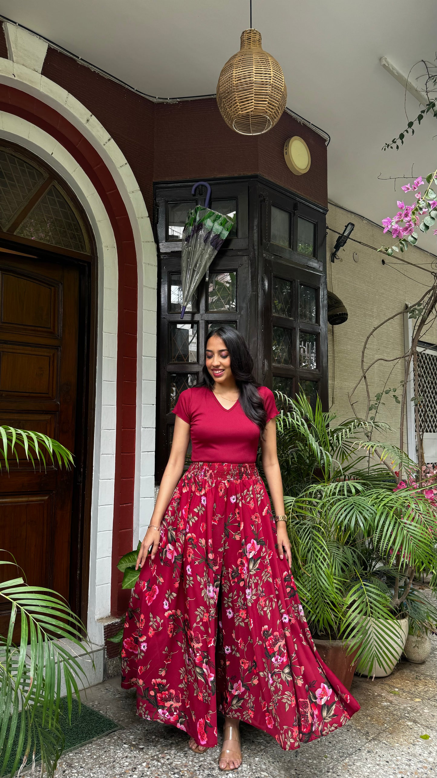 Midnight Maroon Floral Palazzo (Free Size)