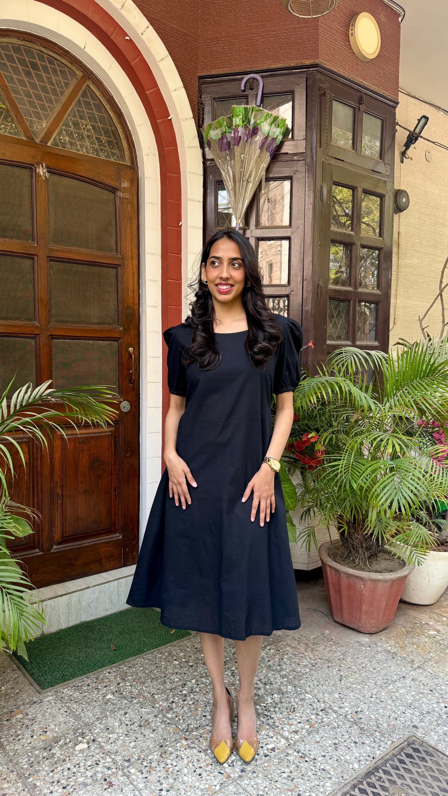 Black Schiffli Bow Cotton Dress – Midi