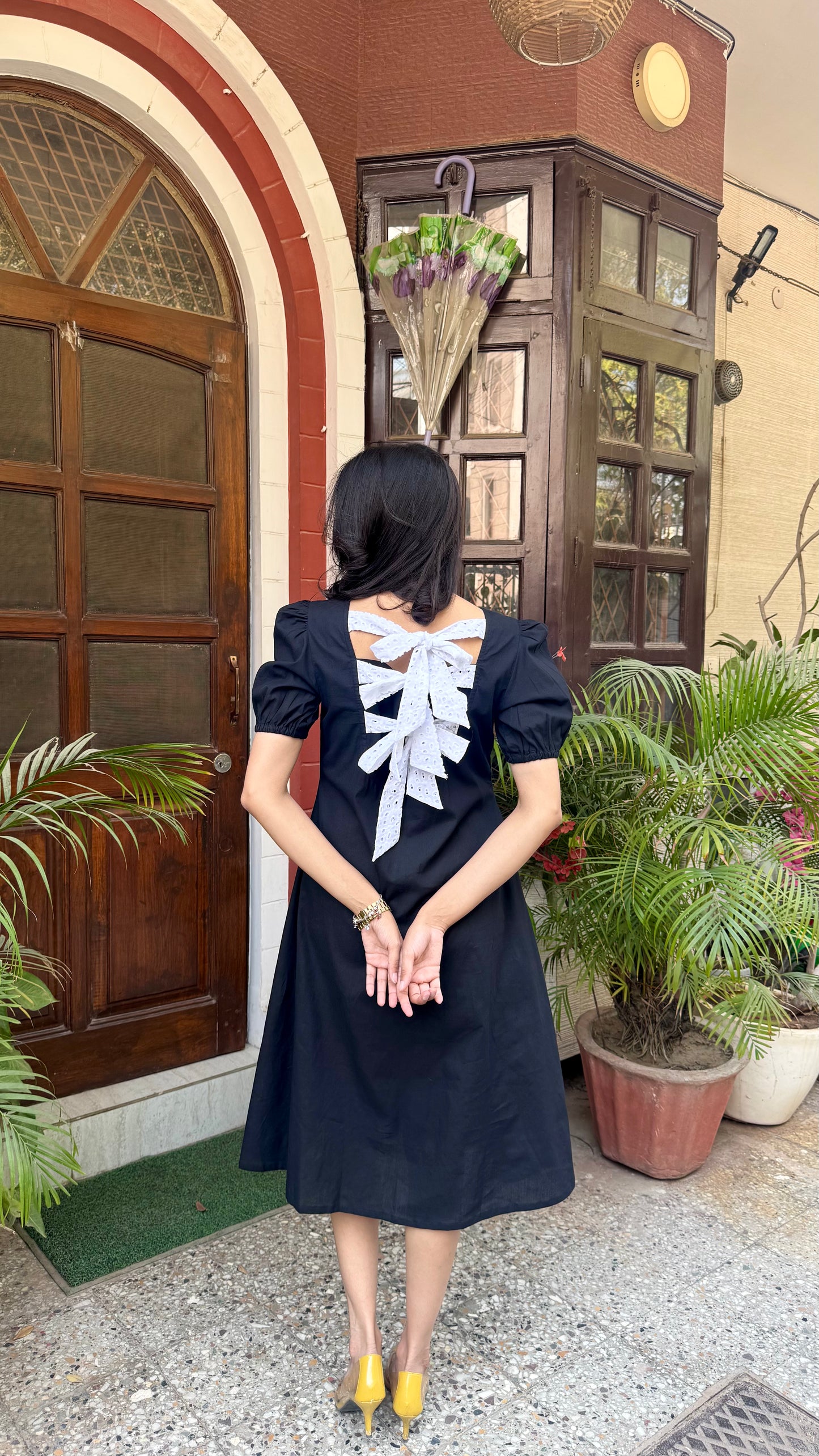Black Schiffli Bow Cotton Dress – Midi