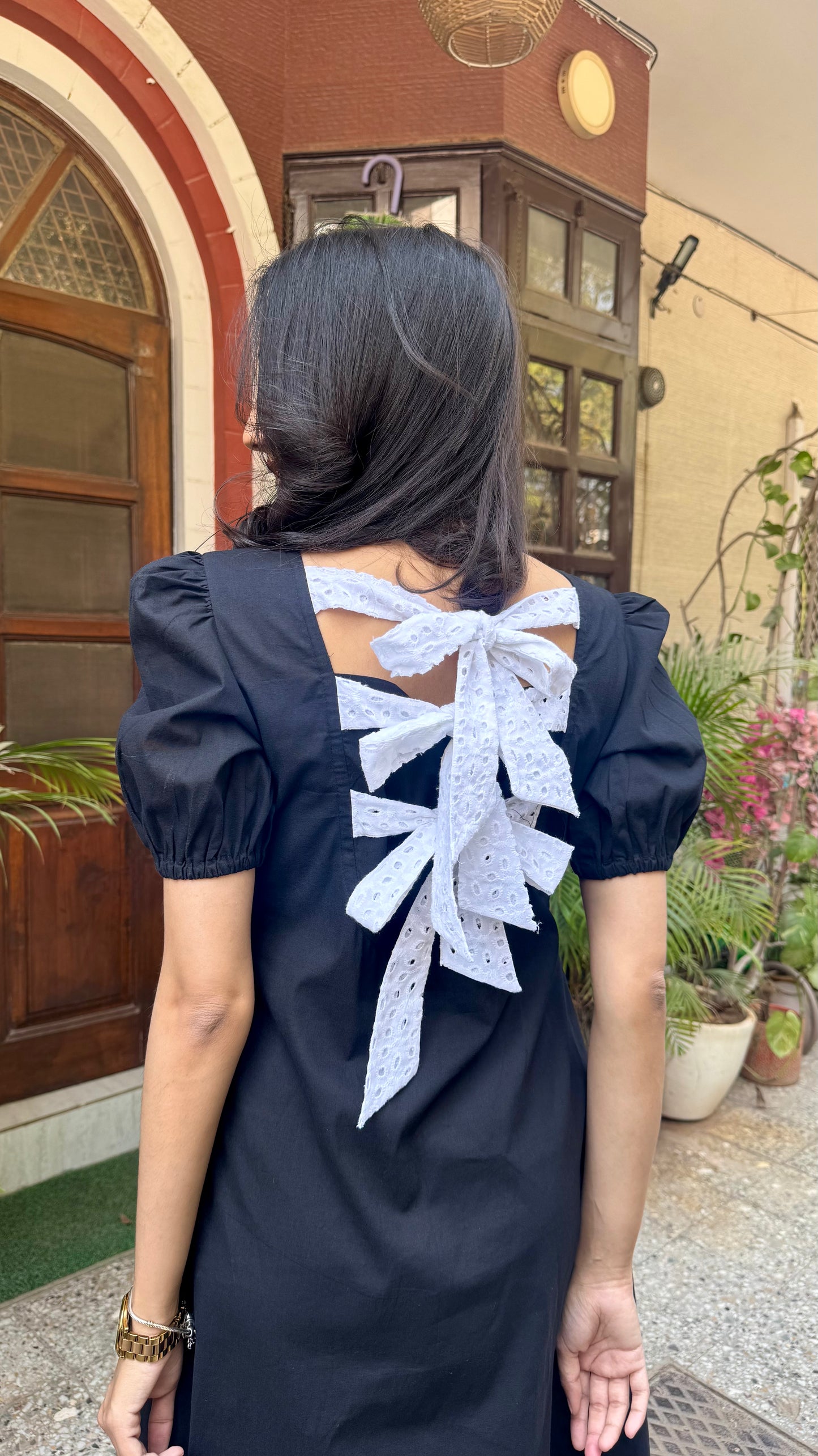 Black Schiffli Bow Cotton Dress – Midi