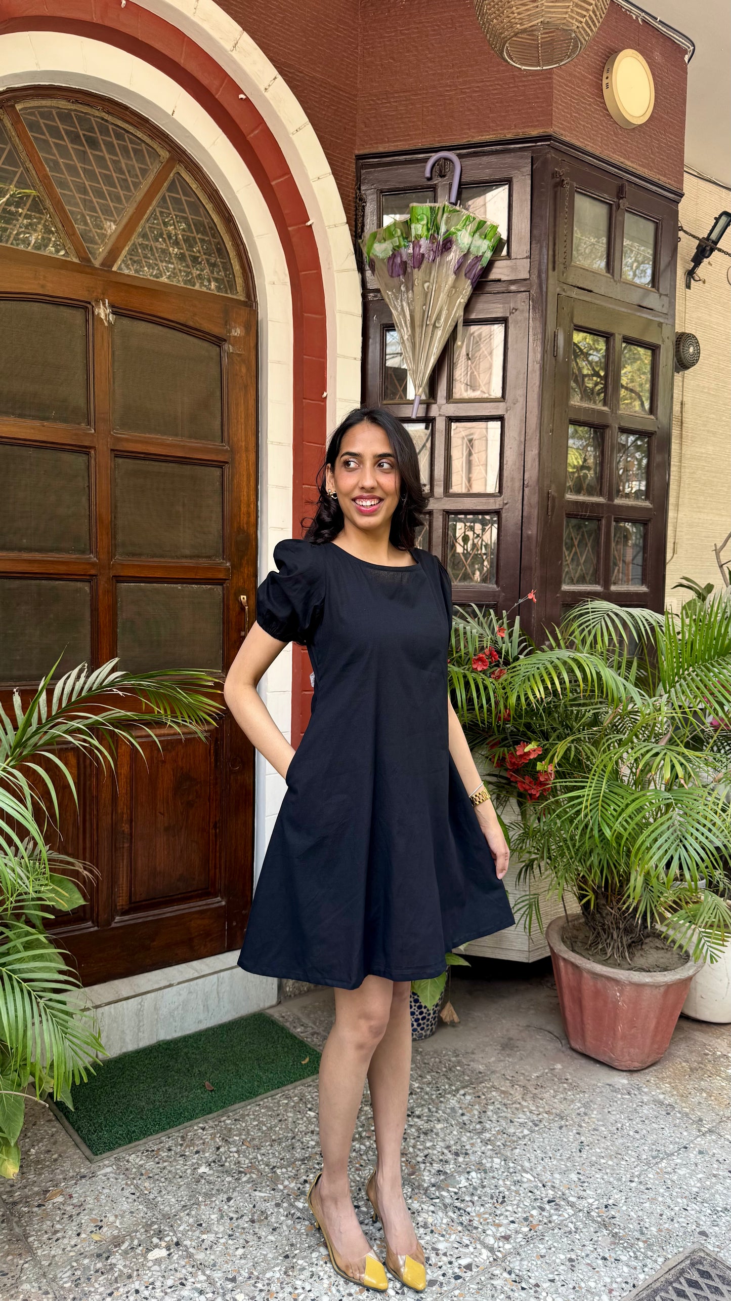 Black Schiffli Bow Cotton Dress – Regular