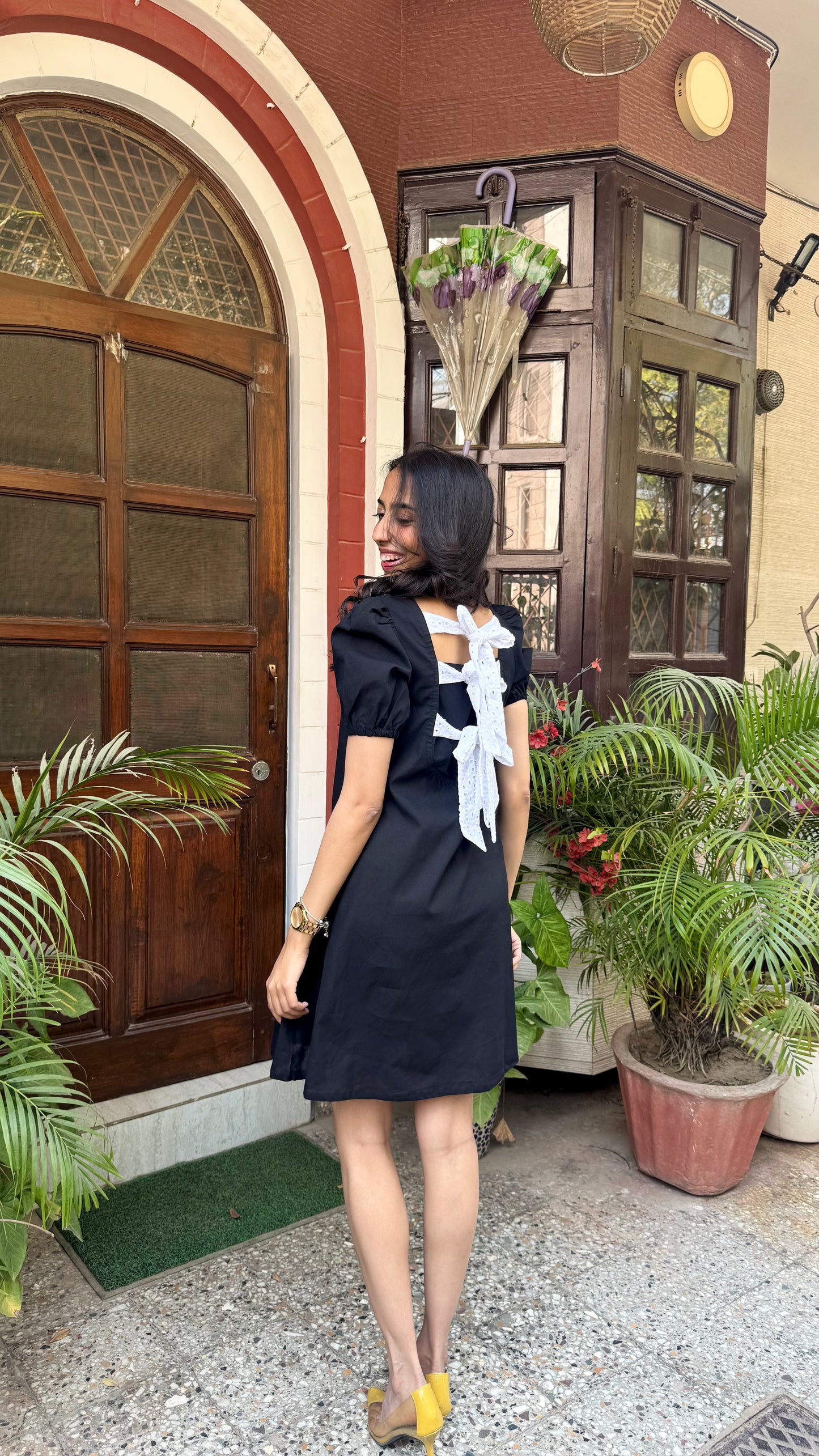 Black Schiffli Bow Cotton Dress – Regular