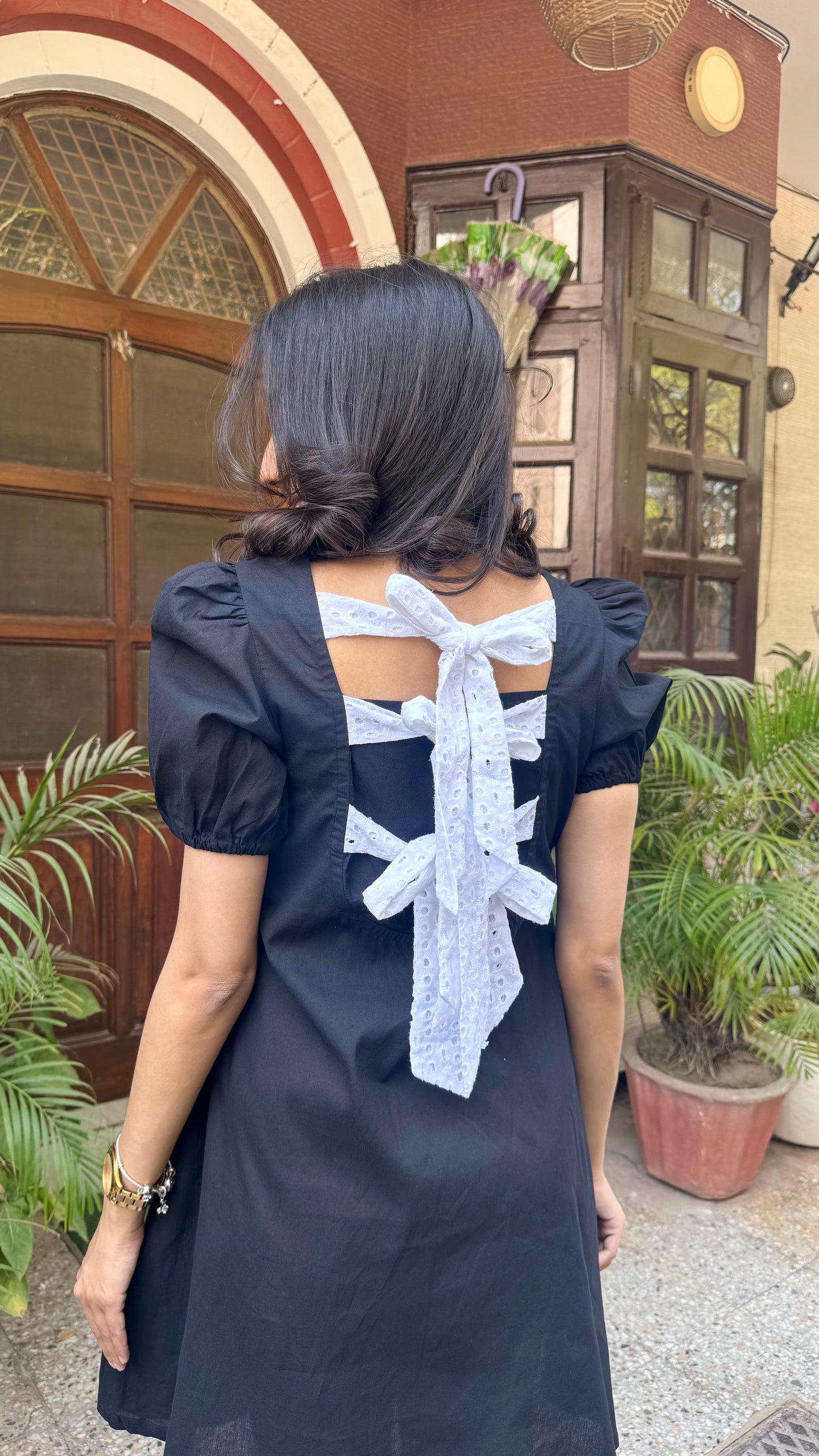 Black Schiffli Bow Cotton Dress – Regular