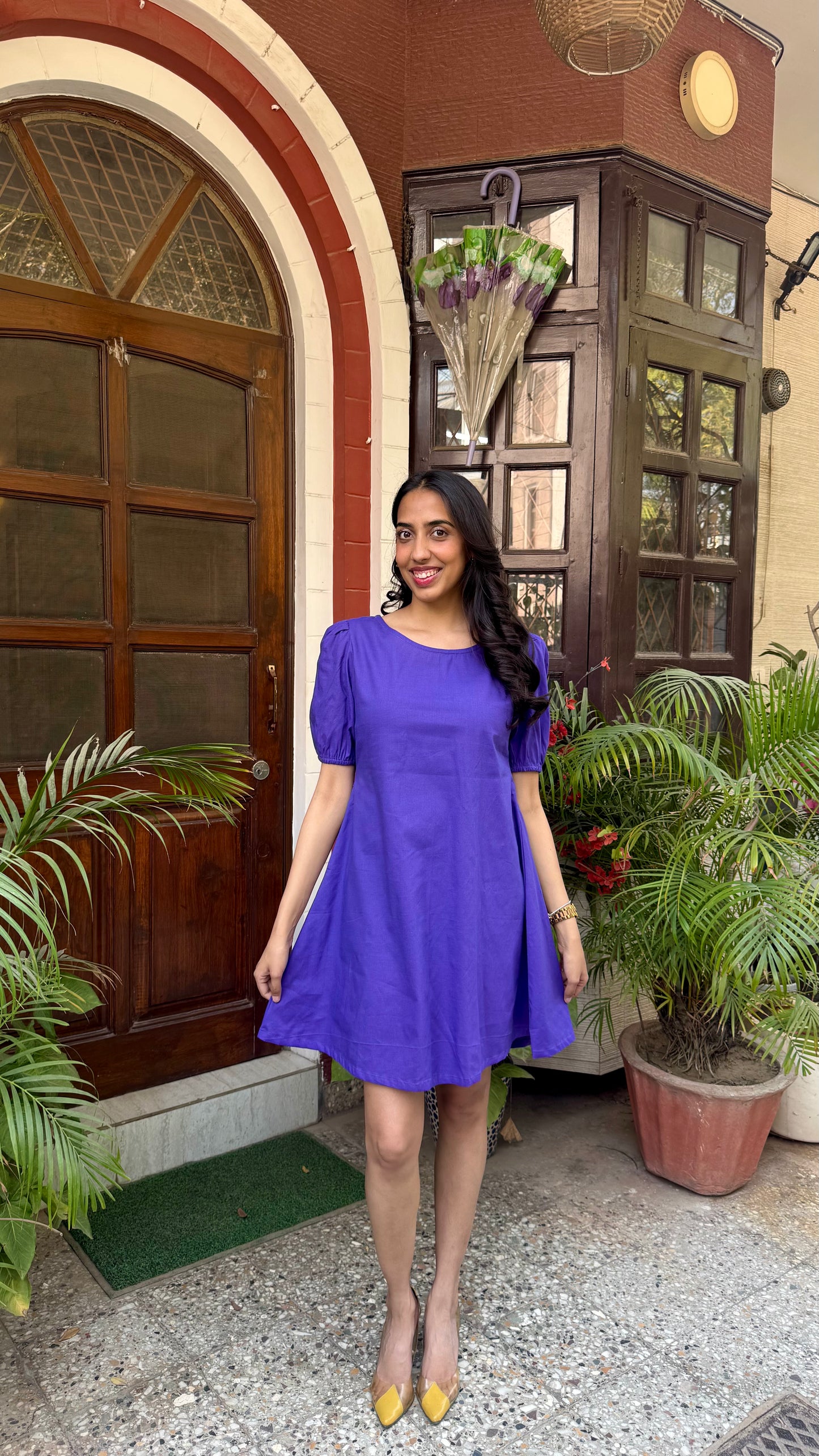 Purple Schiffli Bow Cotton Dress – Regular