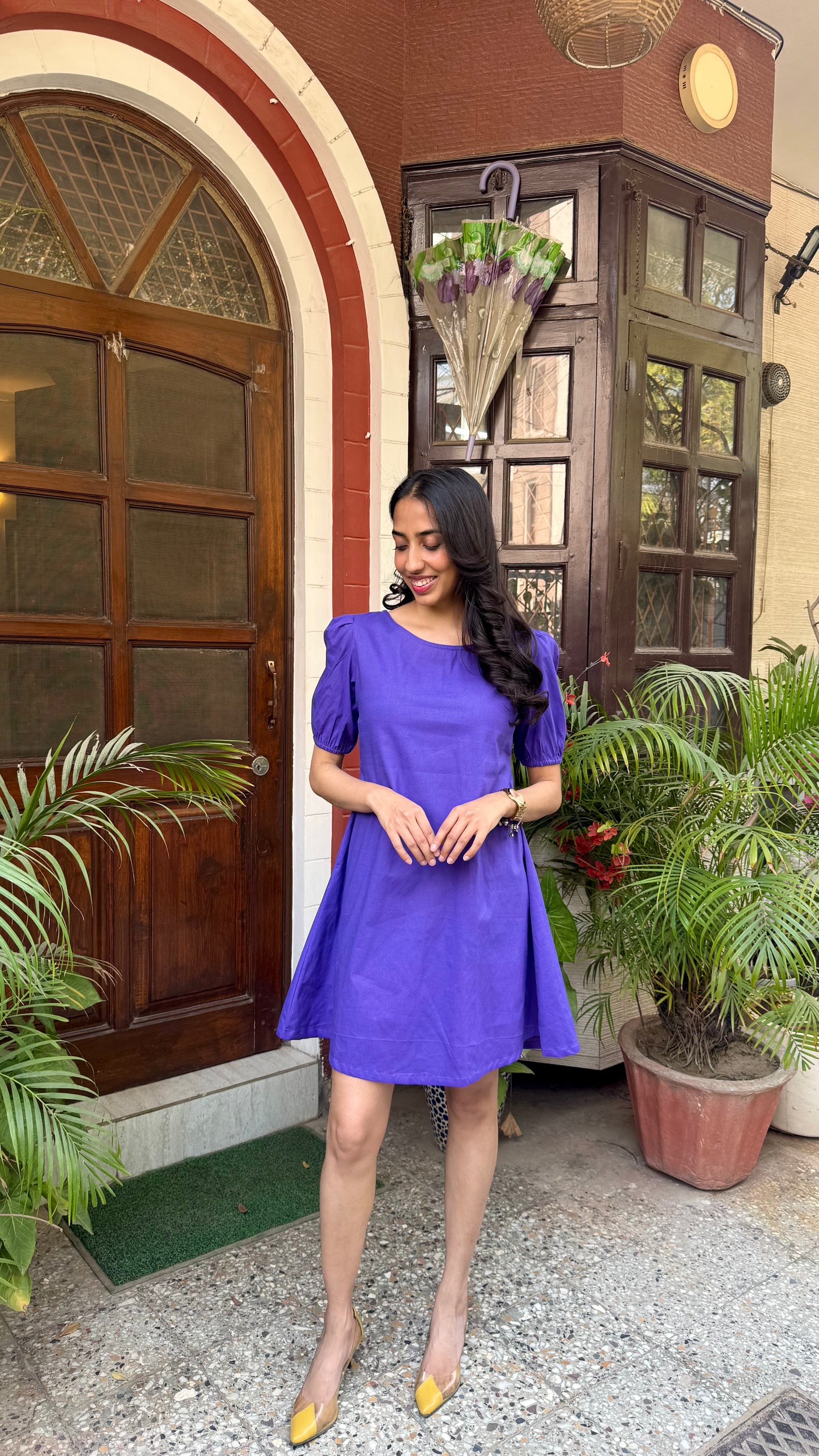Purple Schiffli Bow Cotton Dress – Regular