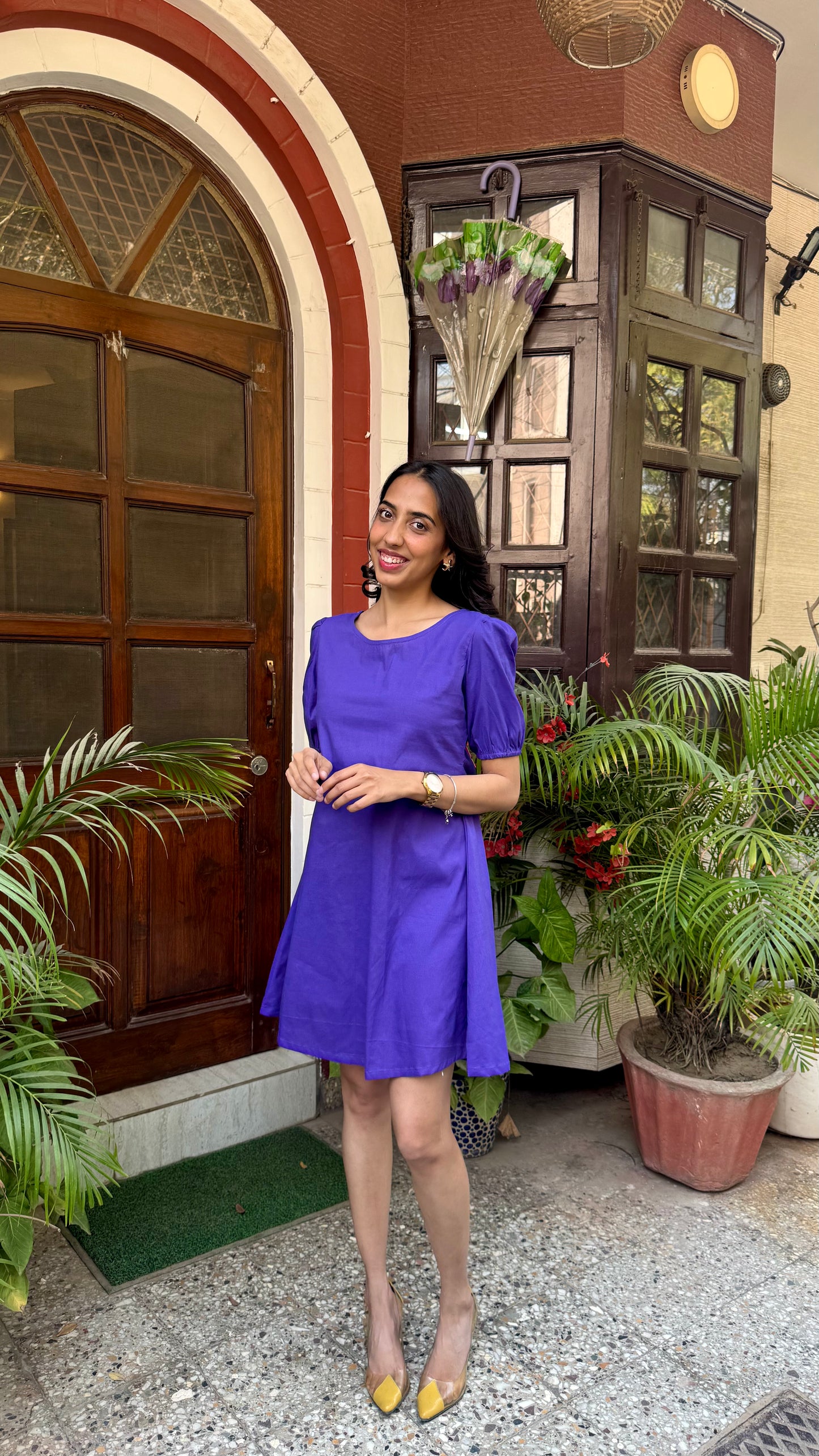 Purple Schiffli Bow Cotton Dress – Regular