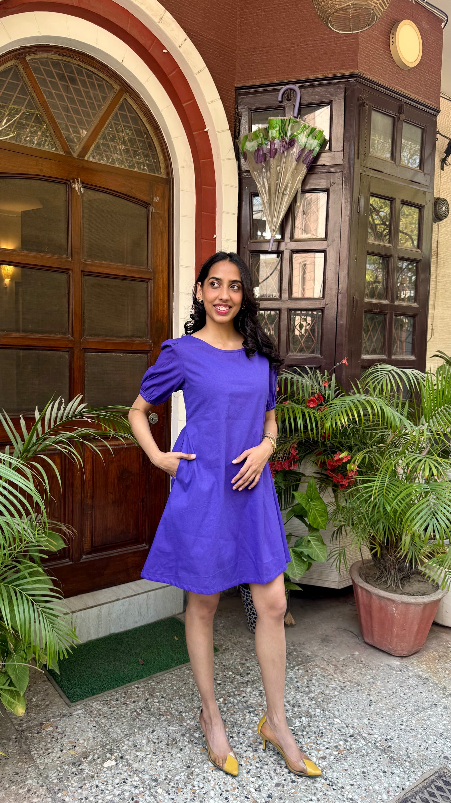Purple Schiffli Bow Cotton Dress – Regular