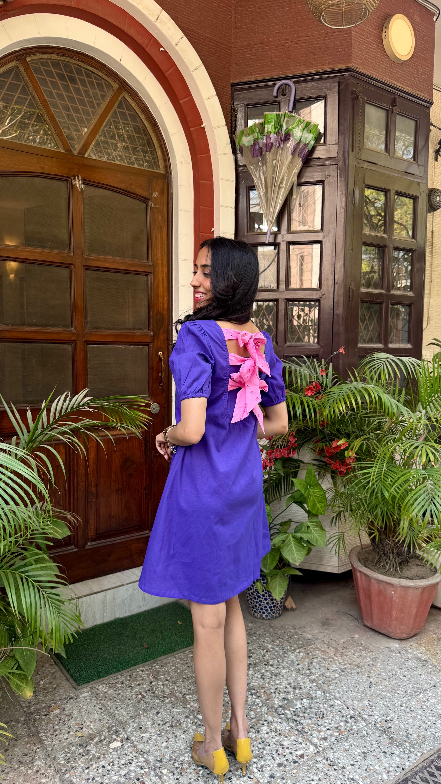 Purple Schiffli Bow Cotton Dress – Regular