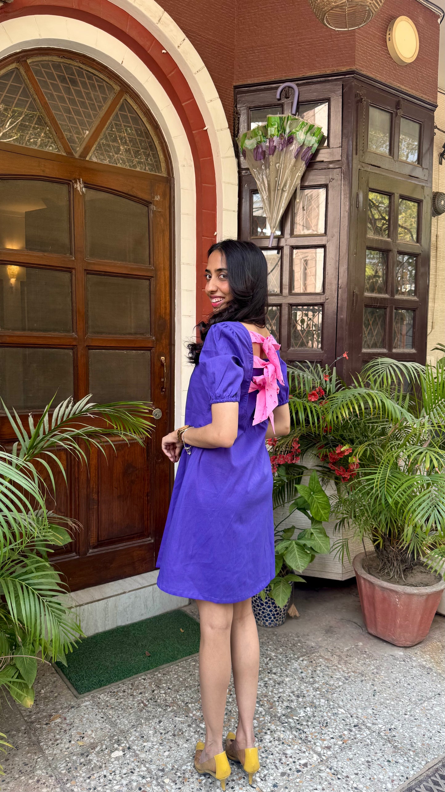 Purple Schiffli Bow Cotton Dress – Regular