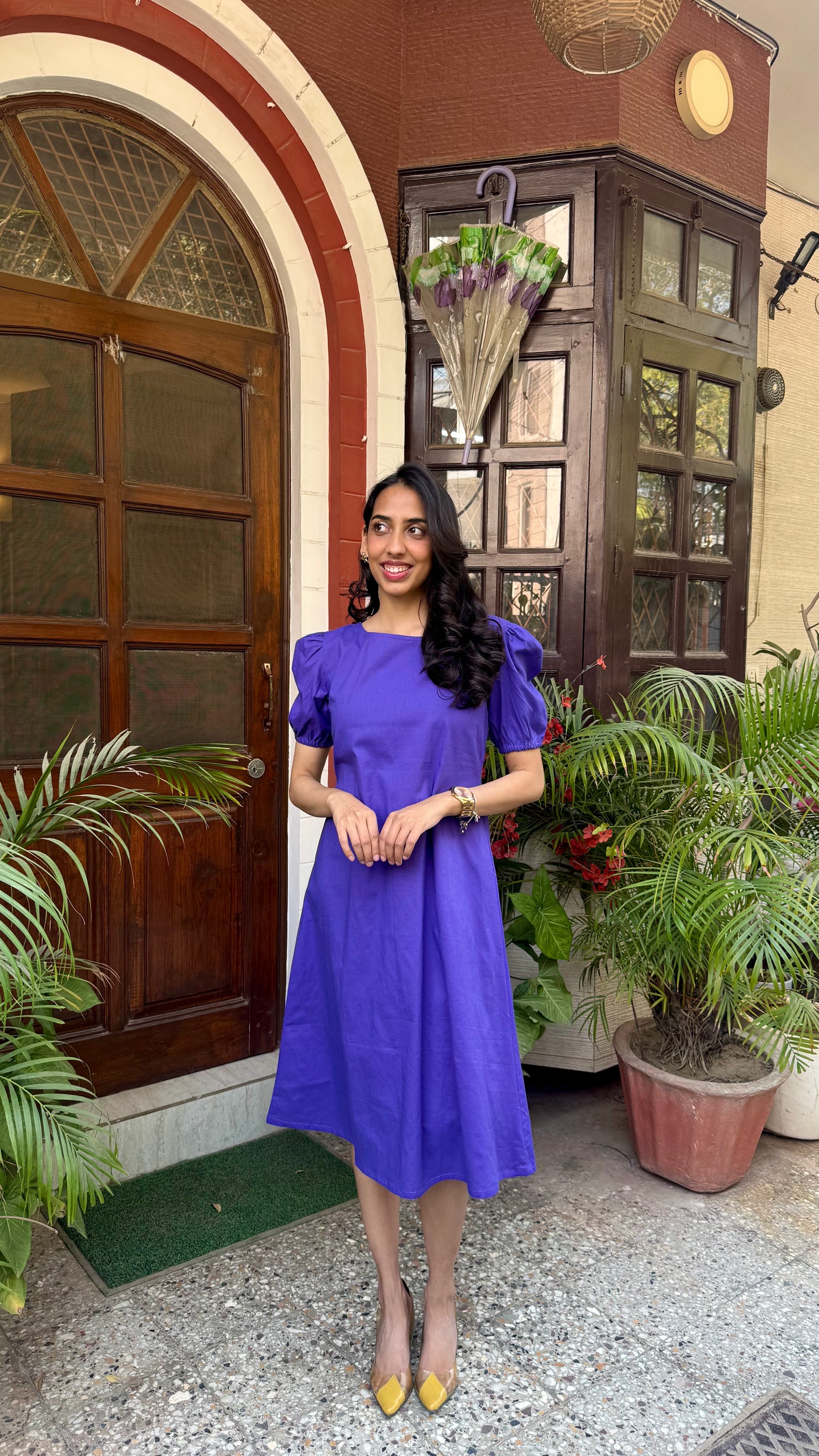 Purple Schiffli Bow Cotton Dress – Midi