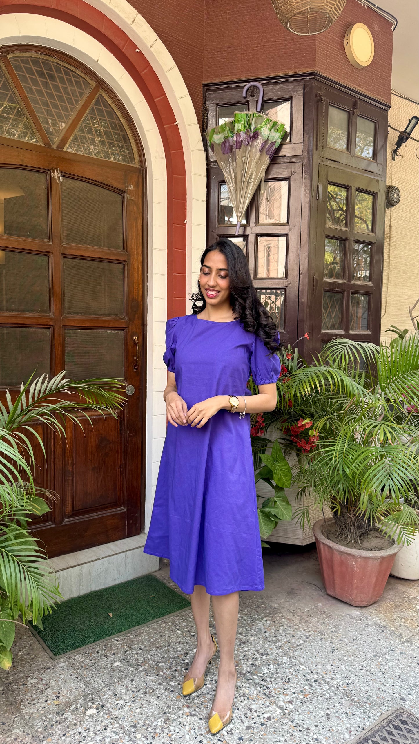 Purple Schiffli Bow Cotton Dress – Midi